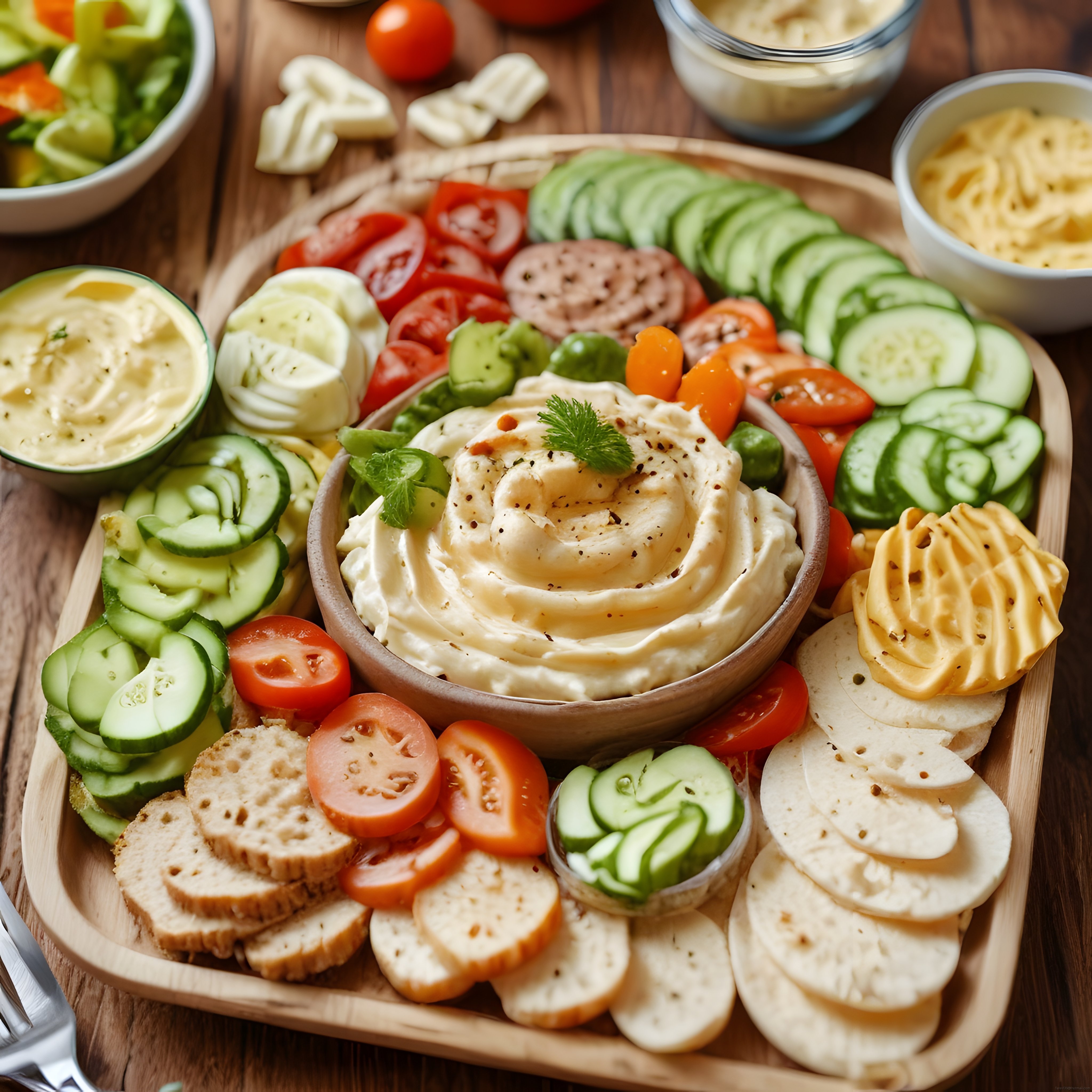 Taze Sebzeler, Humus ve Peynirle Hazırlanan Sağlıklı Kahvaltı Sunumu