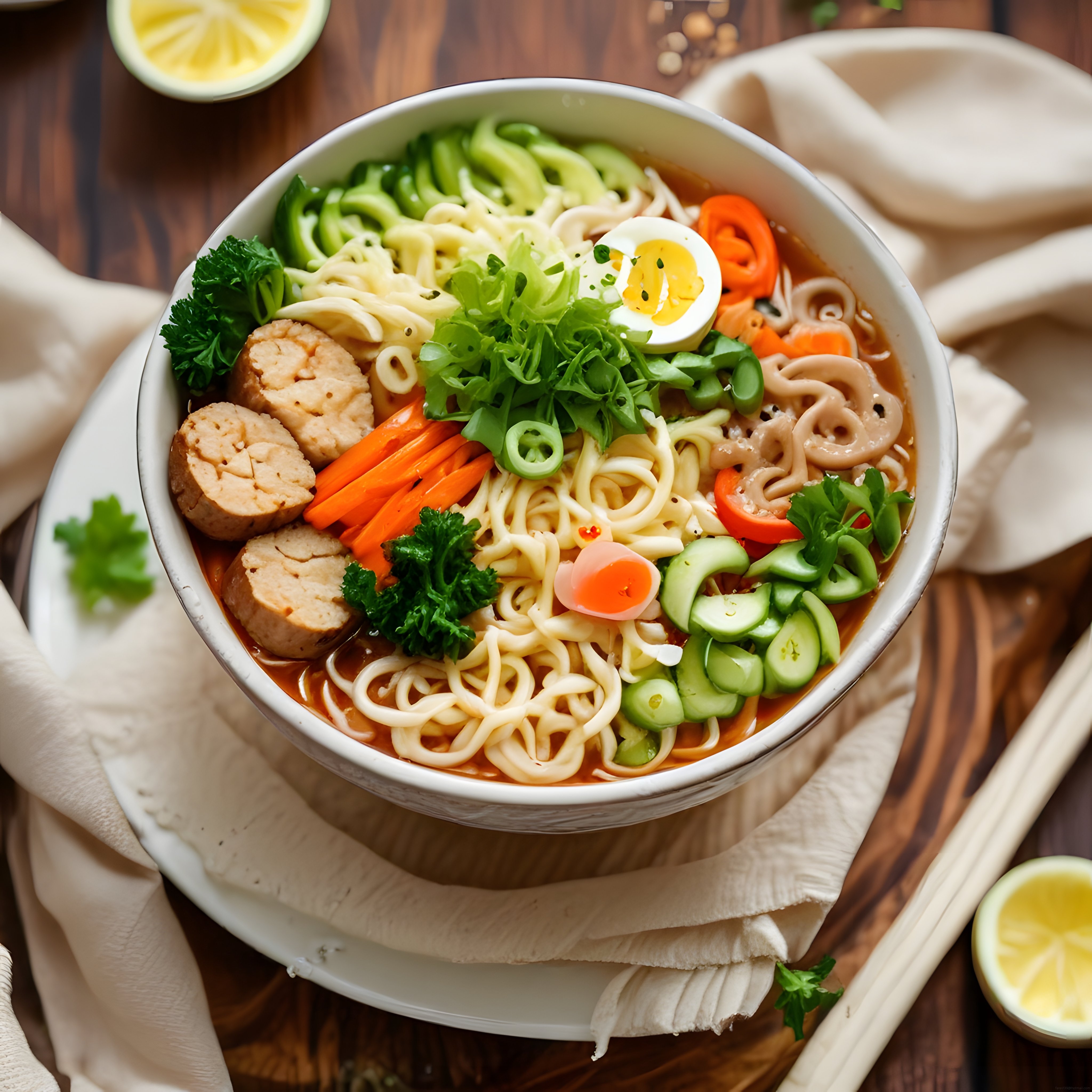 Taze sebzeler, sosis ve haşlanmış yumurtalı lezzetli ramen çorbası