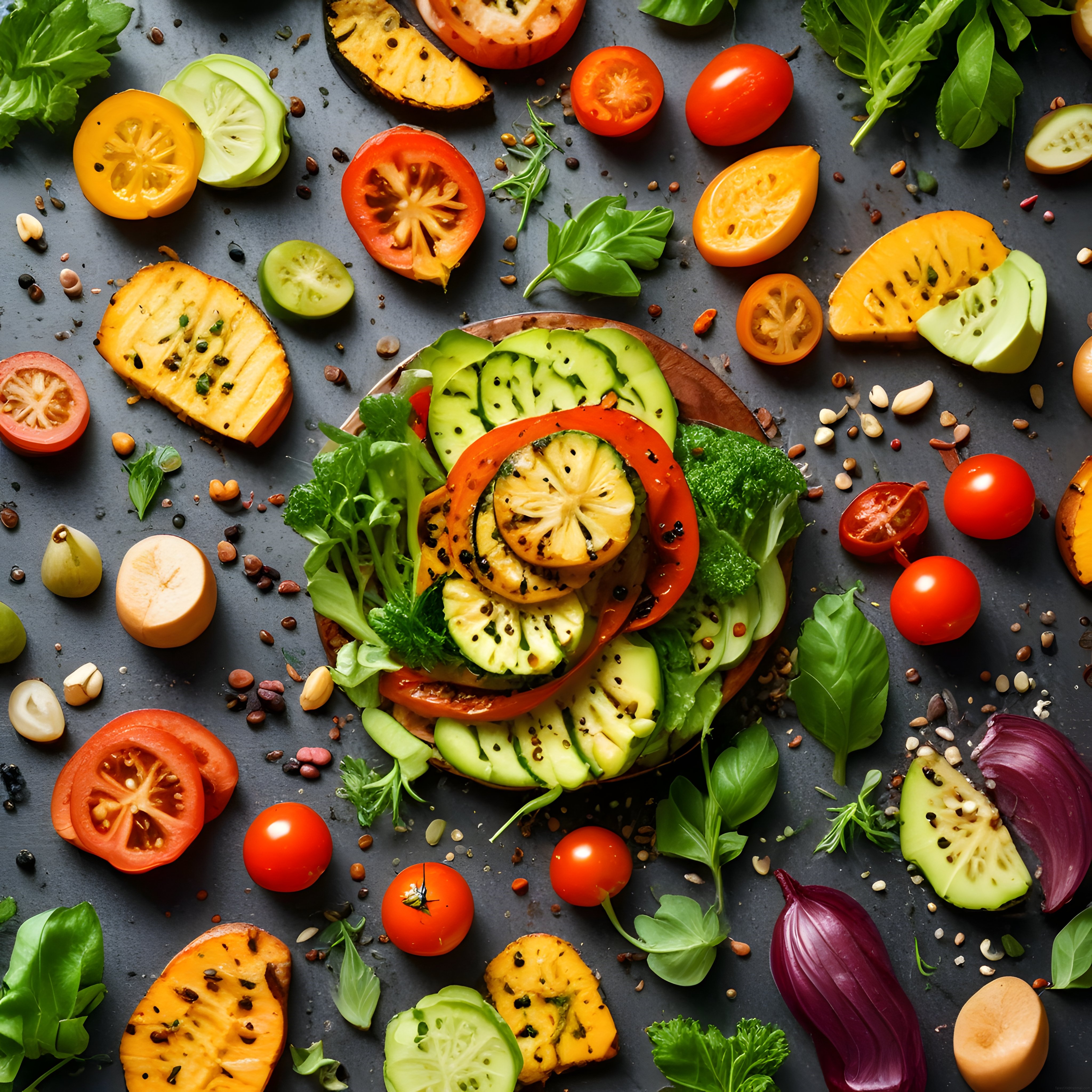 taze sebzeler ve avokado ile hazırlanmış koyu zeminli sağlıklı salata sunumu