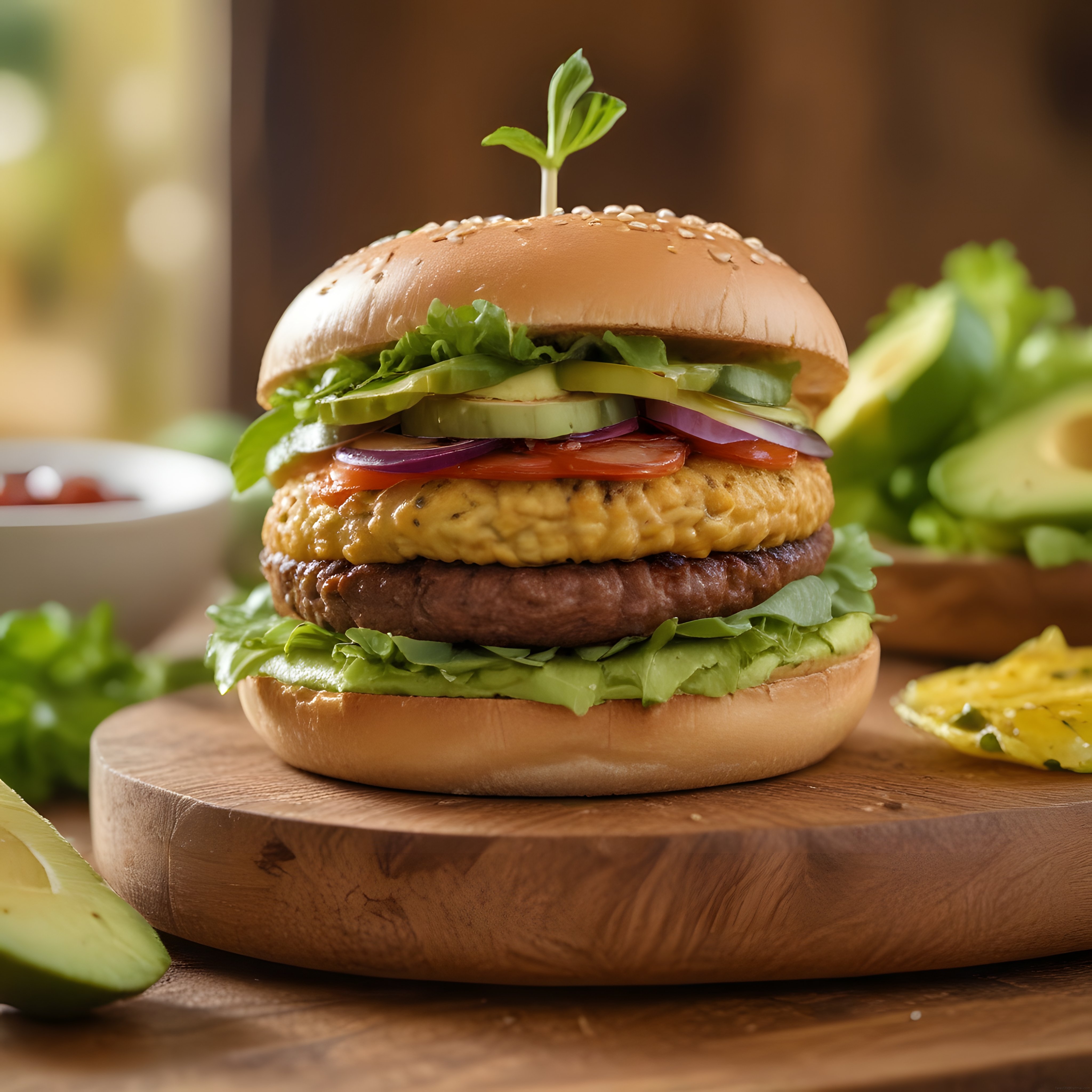 Taze Sebzeler ve Avokado ile Süslenmiş Çift Katmanlı Lezzetli Gourmet Burger