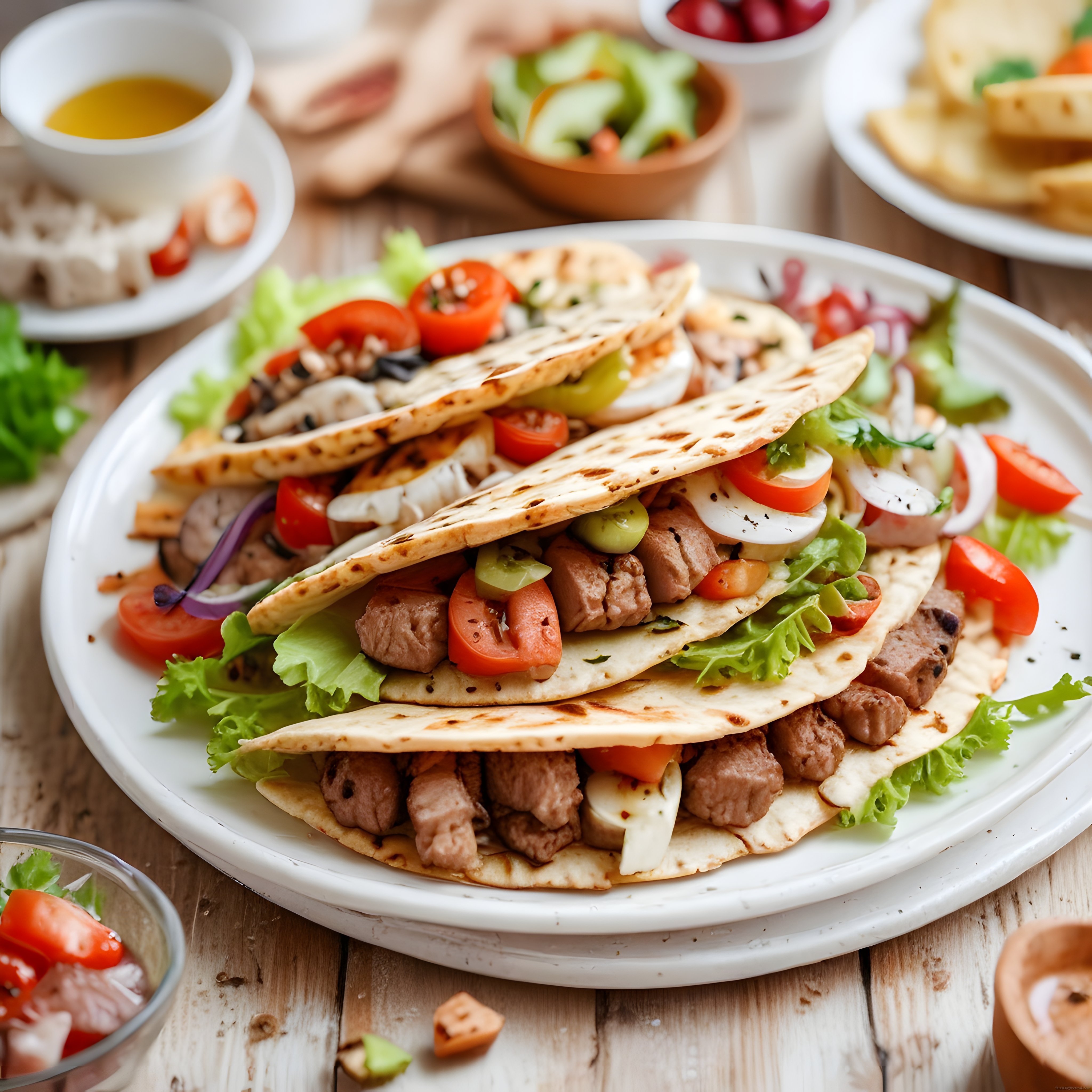 Taze sebzeler ve baharatlı etle hazırlanmış ızgara tortilla dürüm tabağı