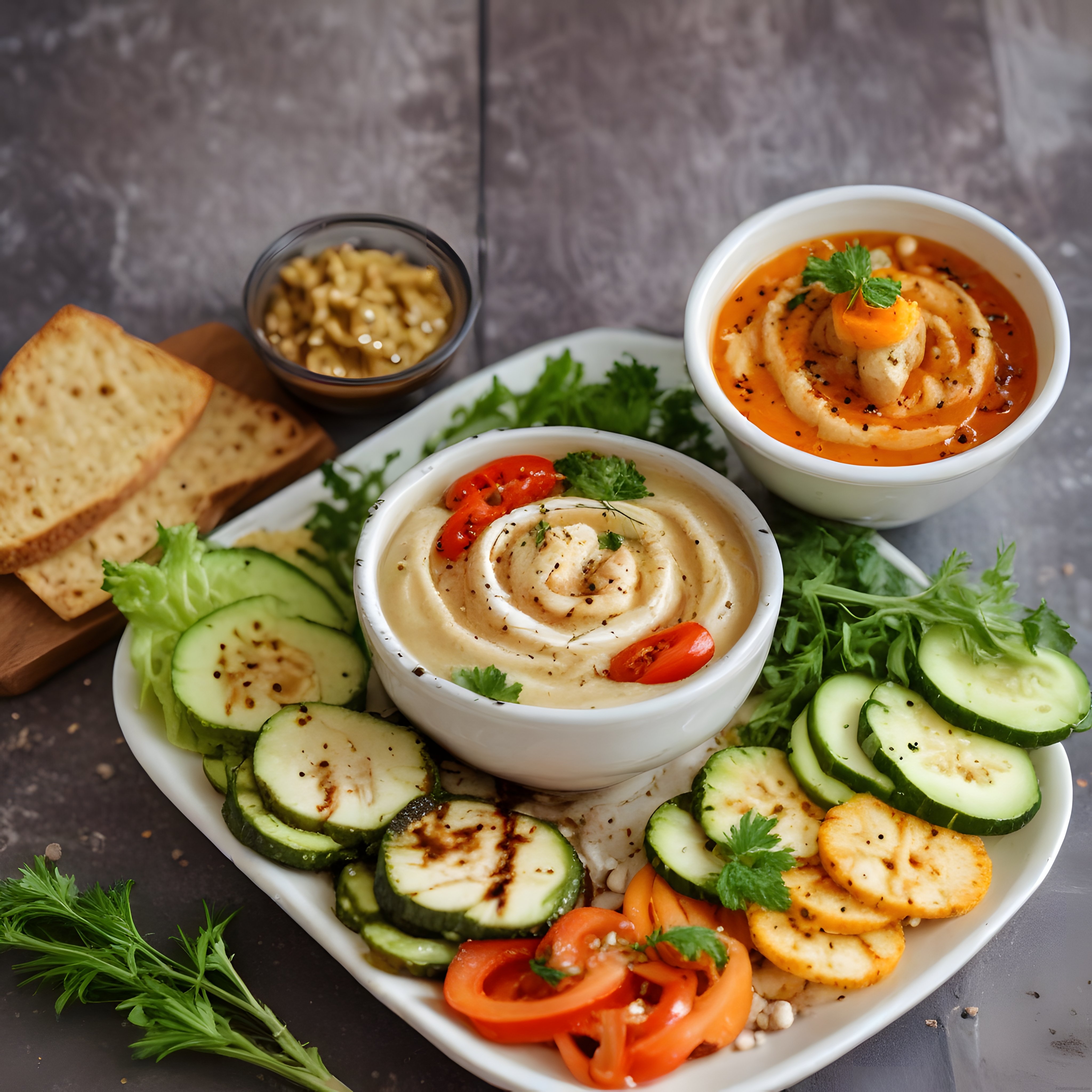 Taze Sebzeler ve Ev Yapımı Humus ile Sağlıklı Vegan Kahvaltı Tabağı Sunumu