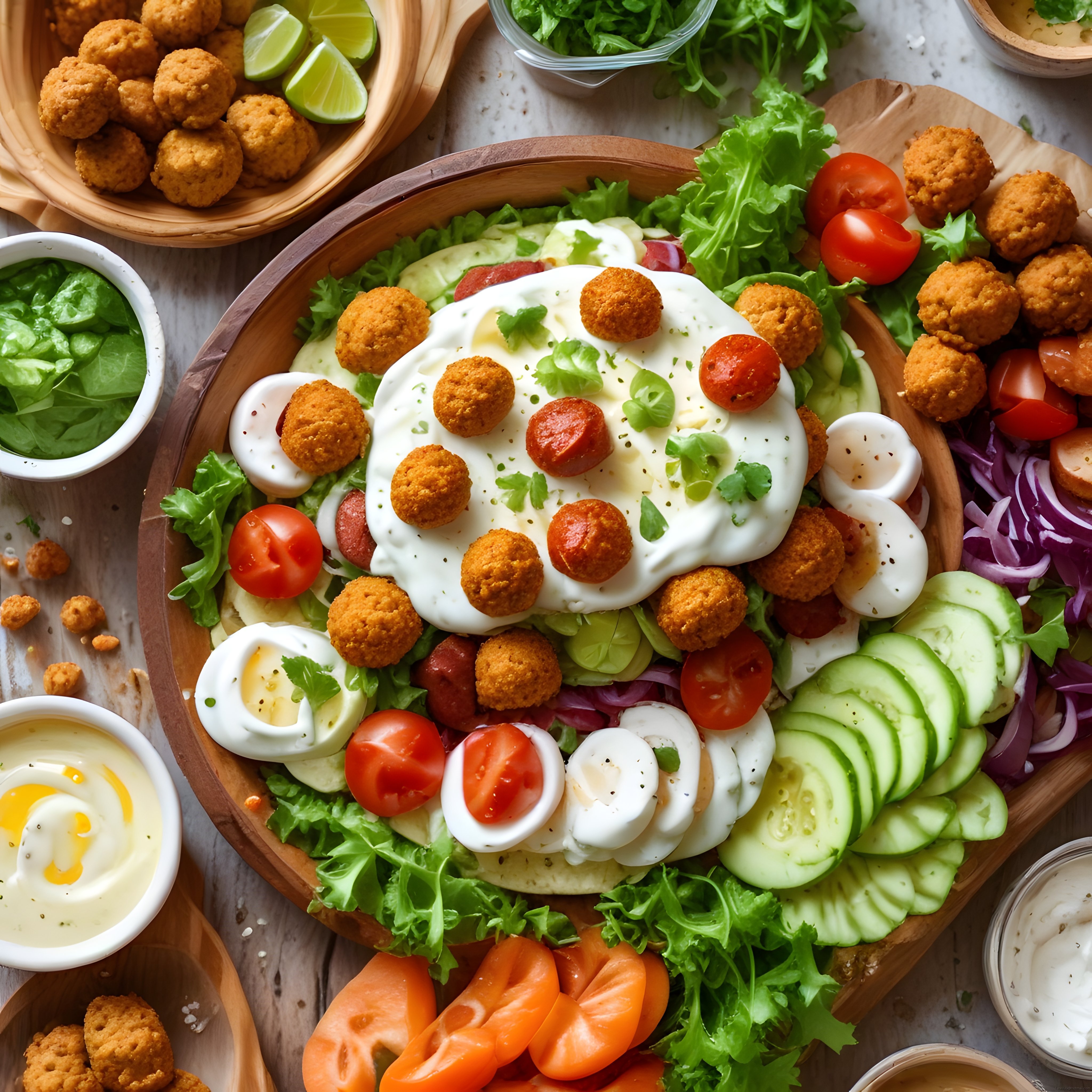 Taze Sebzeler ve Falafel Toplarıyla Zengin Akdeniz Salata Kasesi