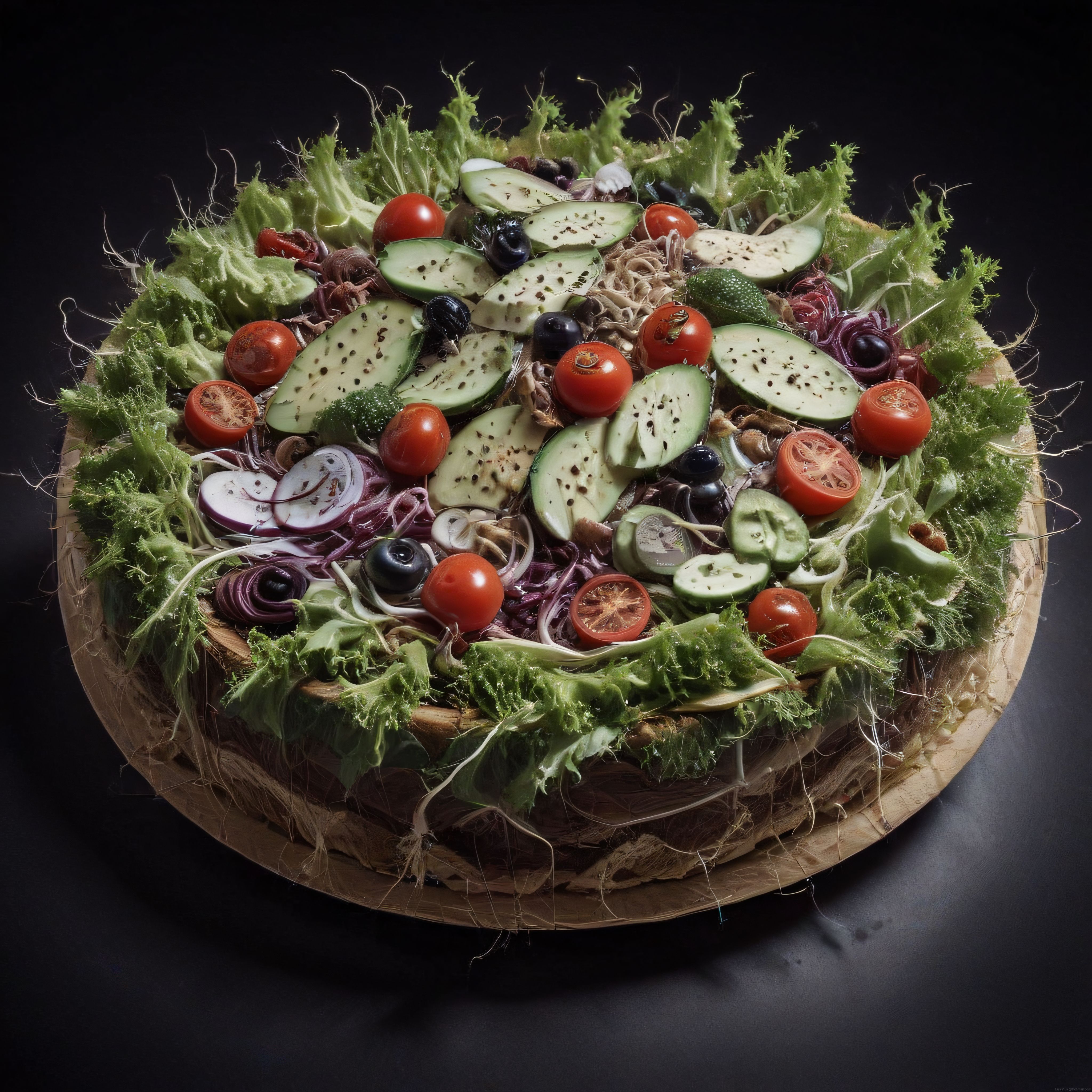 Taze Sebzeler ve Filizlerle Süslenmiş Organik Vegan Pizza Sunumu