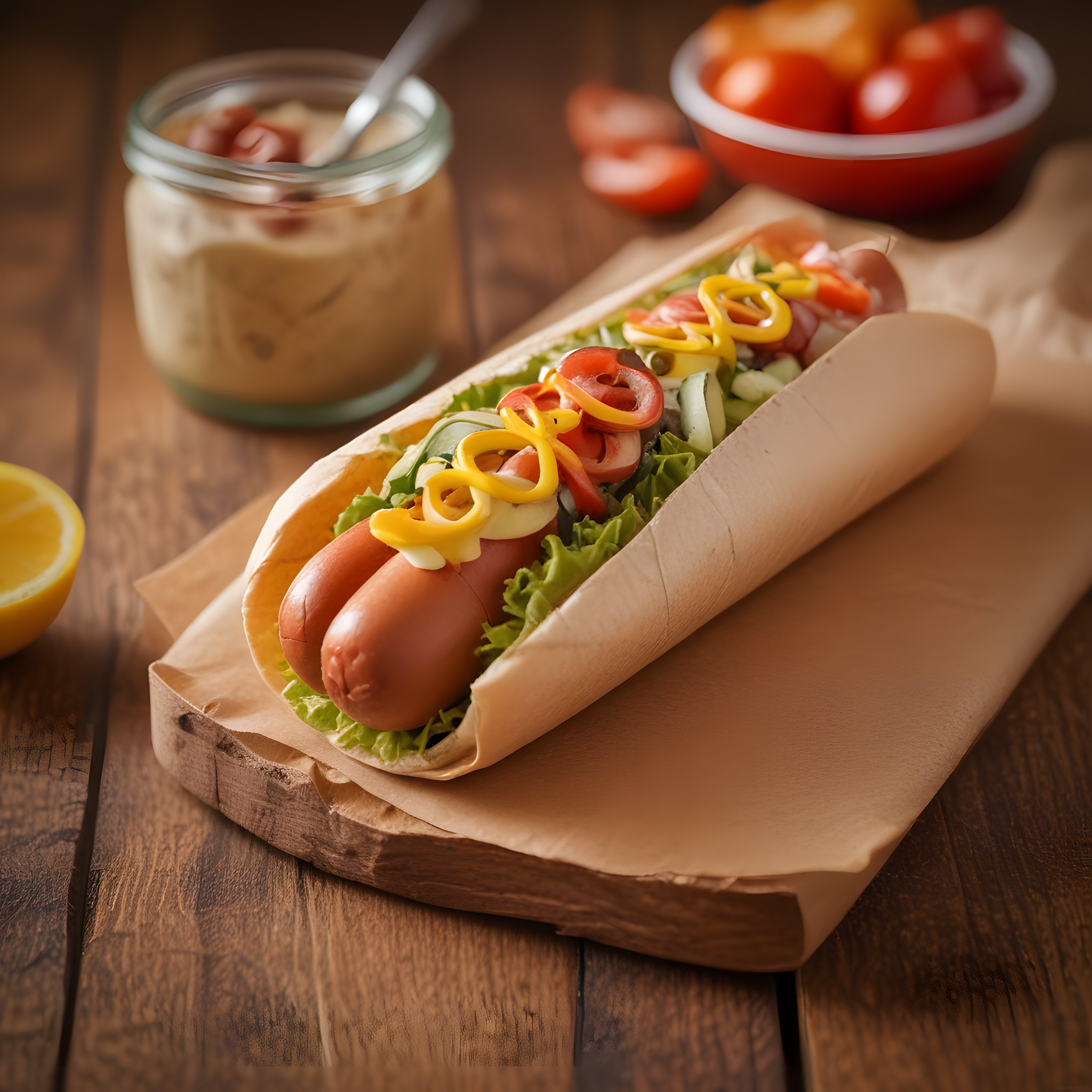 taze sebzeler ve hardal sosuyla süslenmiş lezzetli hot dog sunumu