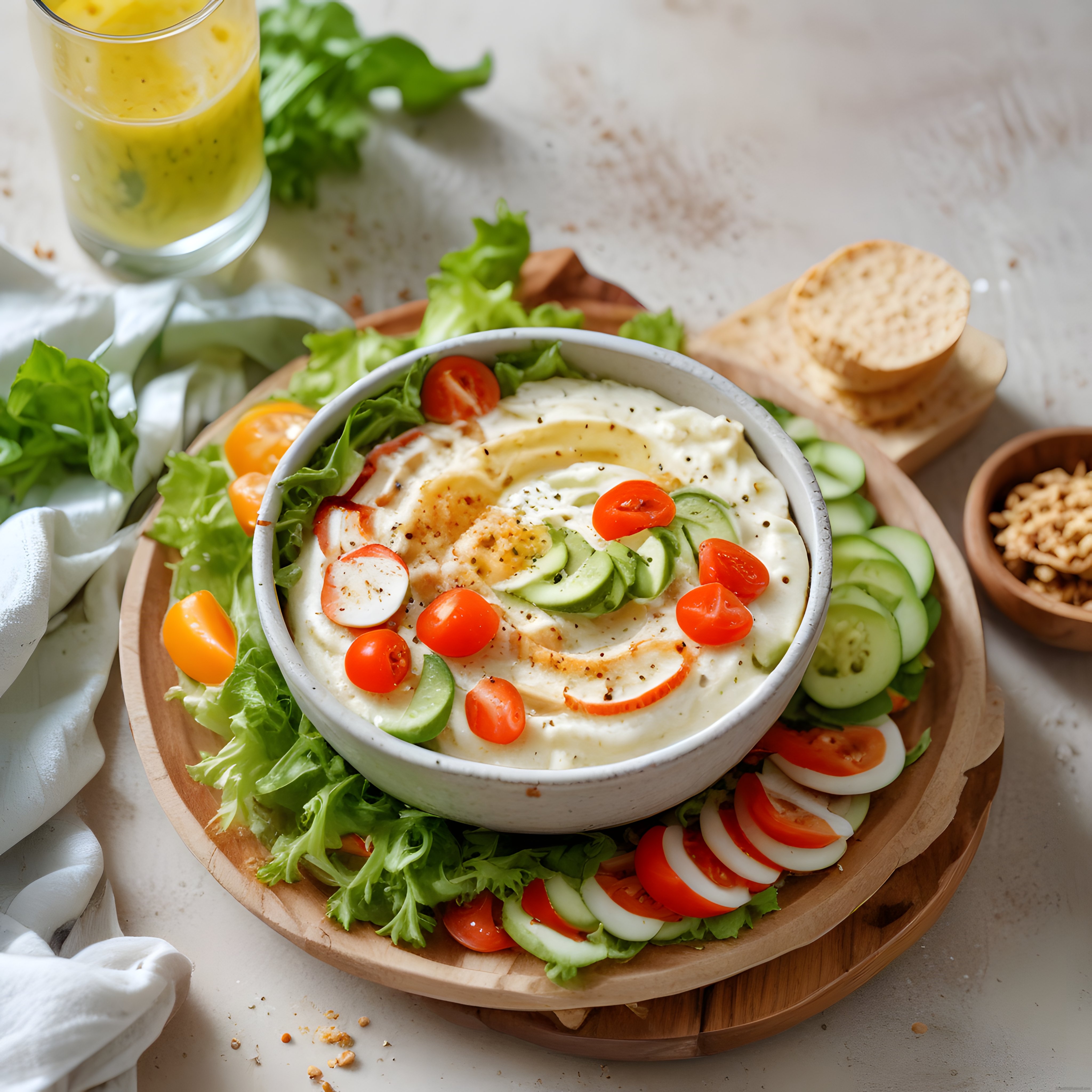 taze sebzeler ve haşlanmış yumurta ile süslenmiş kahvaltılık humus kasesi