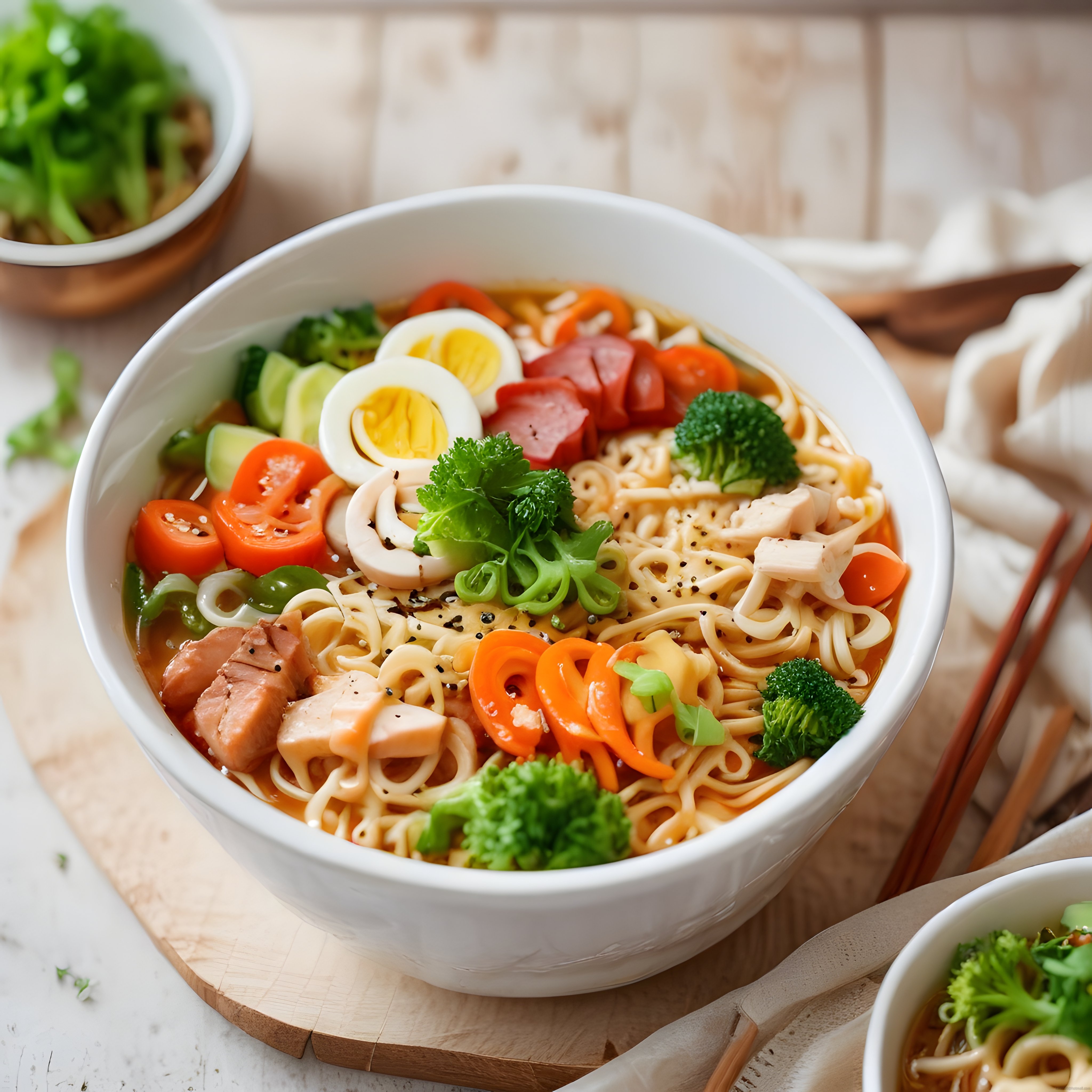 Taze sebzeler ve haşlanmış yumurtayla hazırlanan nefis ramen kasesi