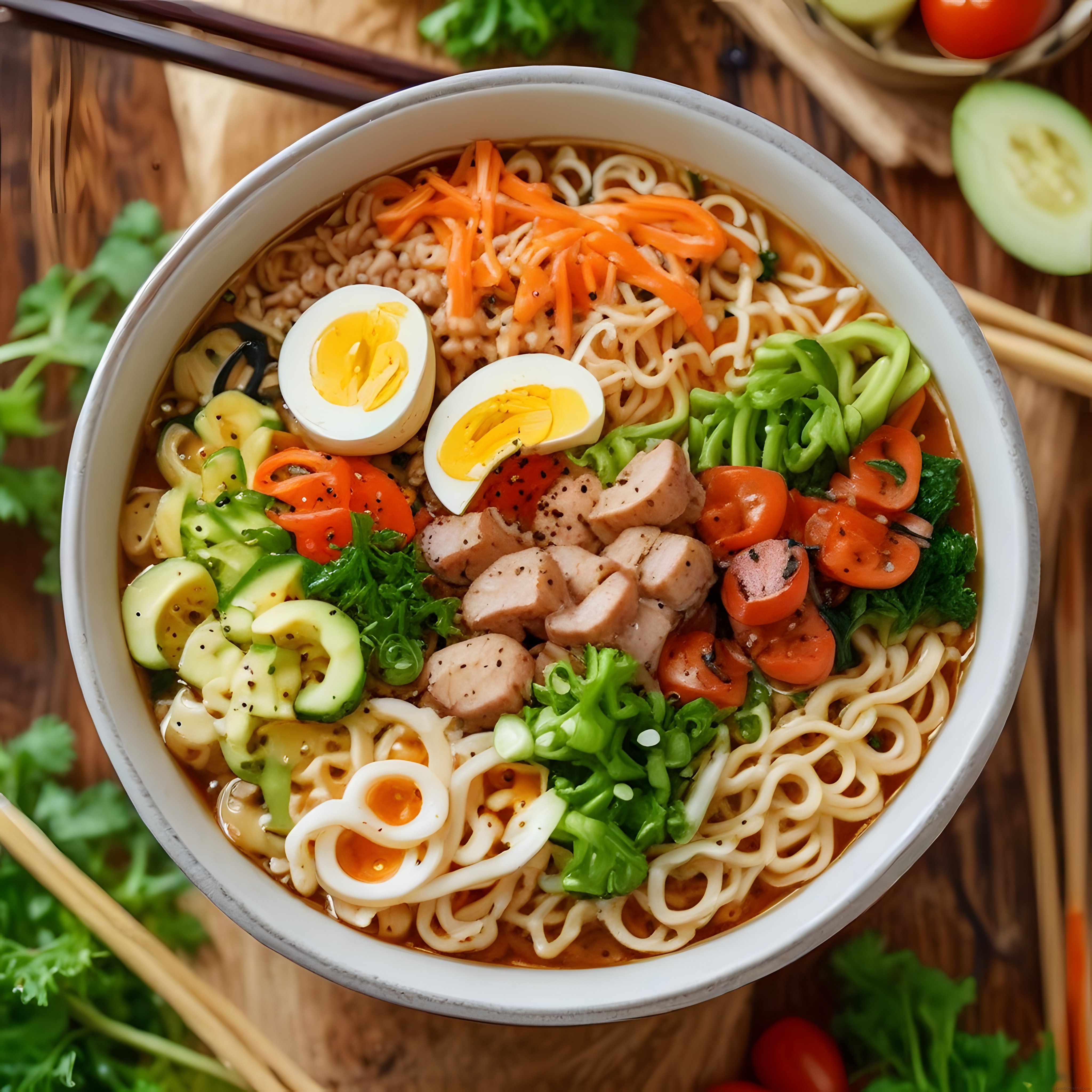 Taze Sebzeler ve Haşlanmış Yumurtayla Hazırlanan Renkli Noodle Kasesi