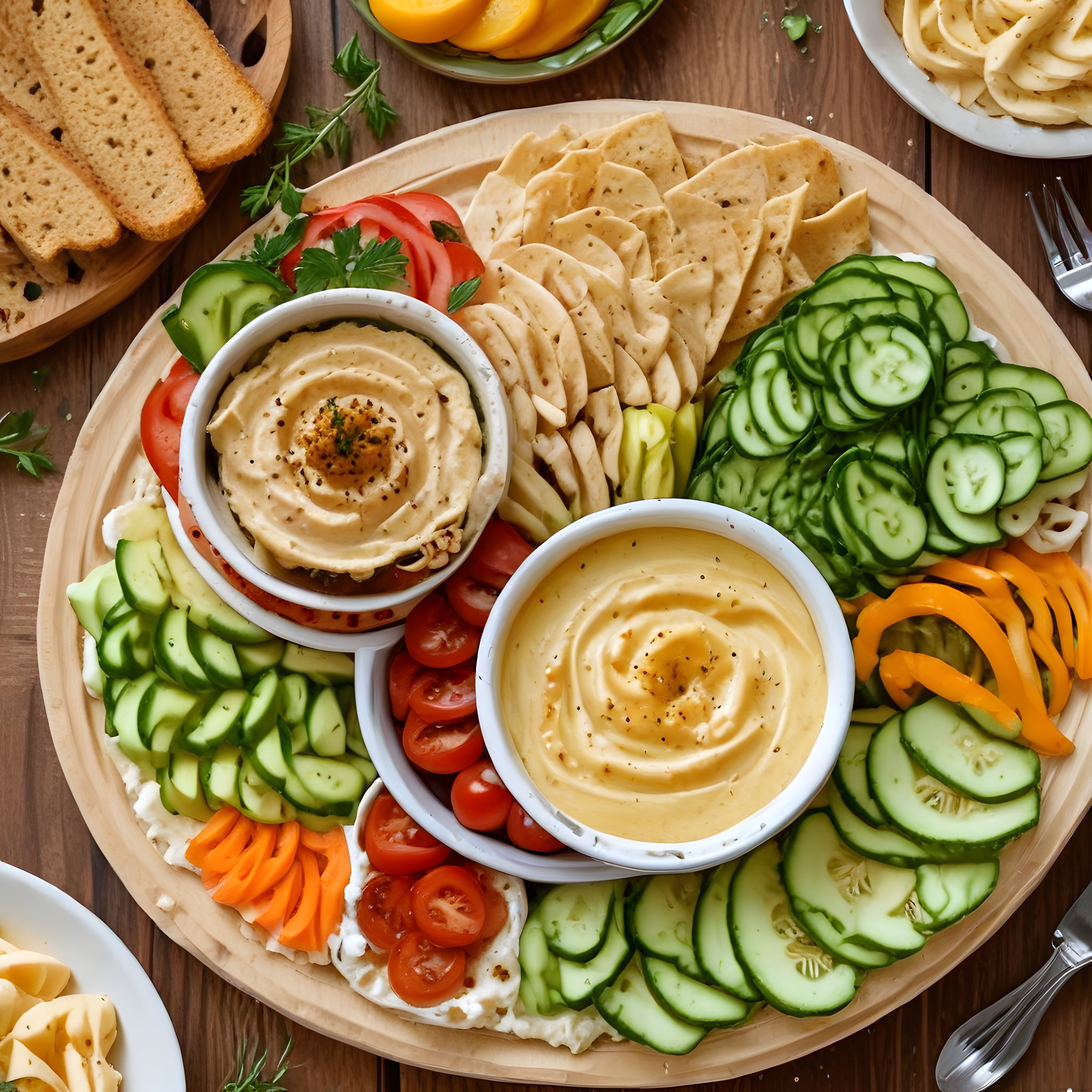 Taze Sebzeler ve Humus ile Hazırlanan Sağlıklı Atıştırmalık ve Mezze Tabağı