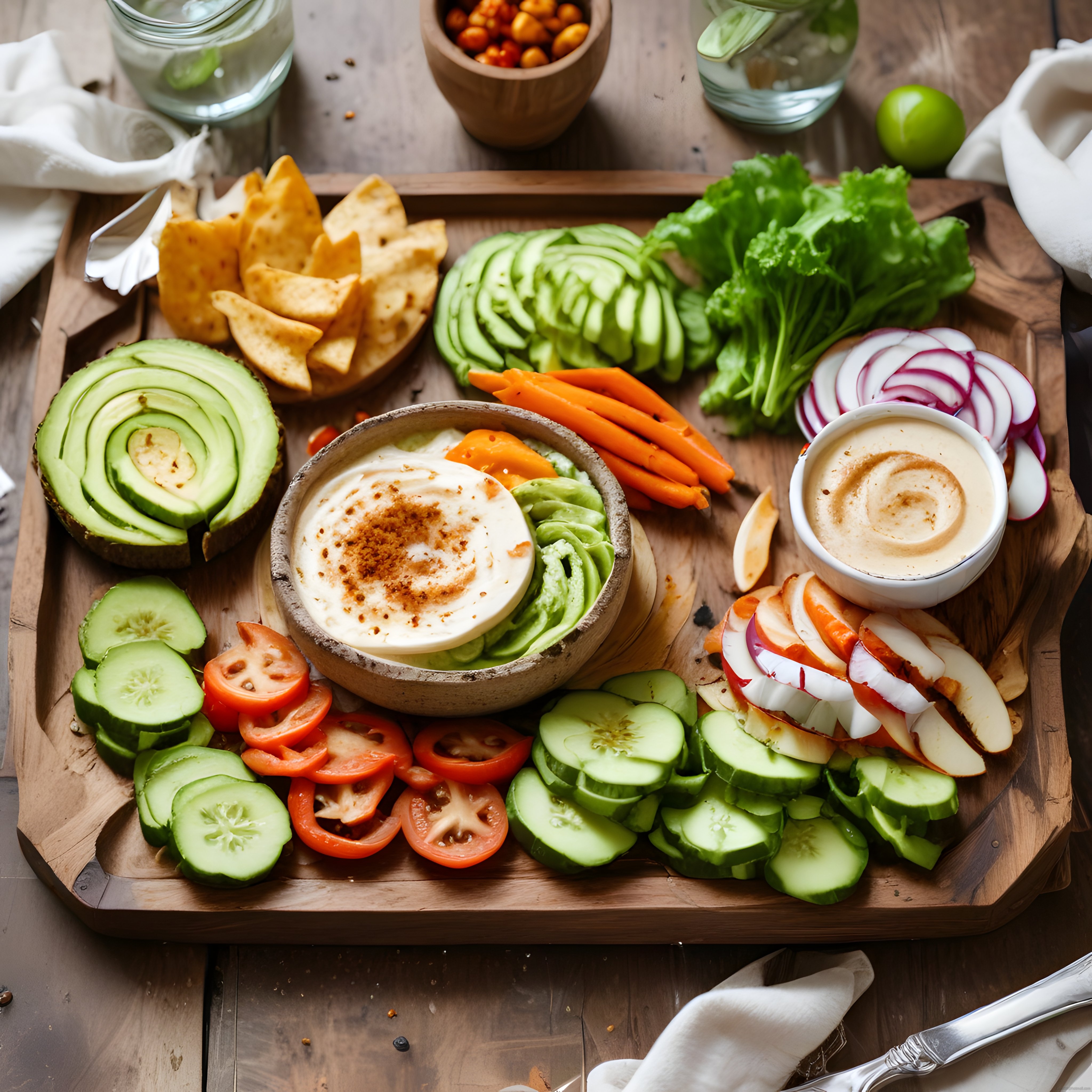 Taze Sebzeler ve Humus ile Sağlıklı Vegan Atıştırmalık Tabağı Sunumu