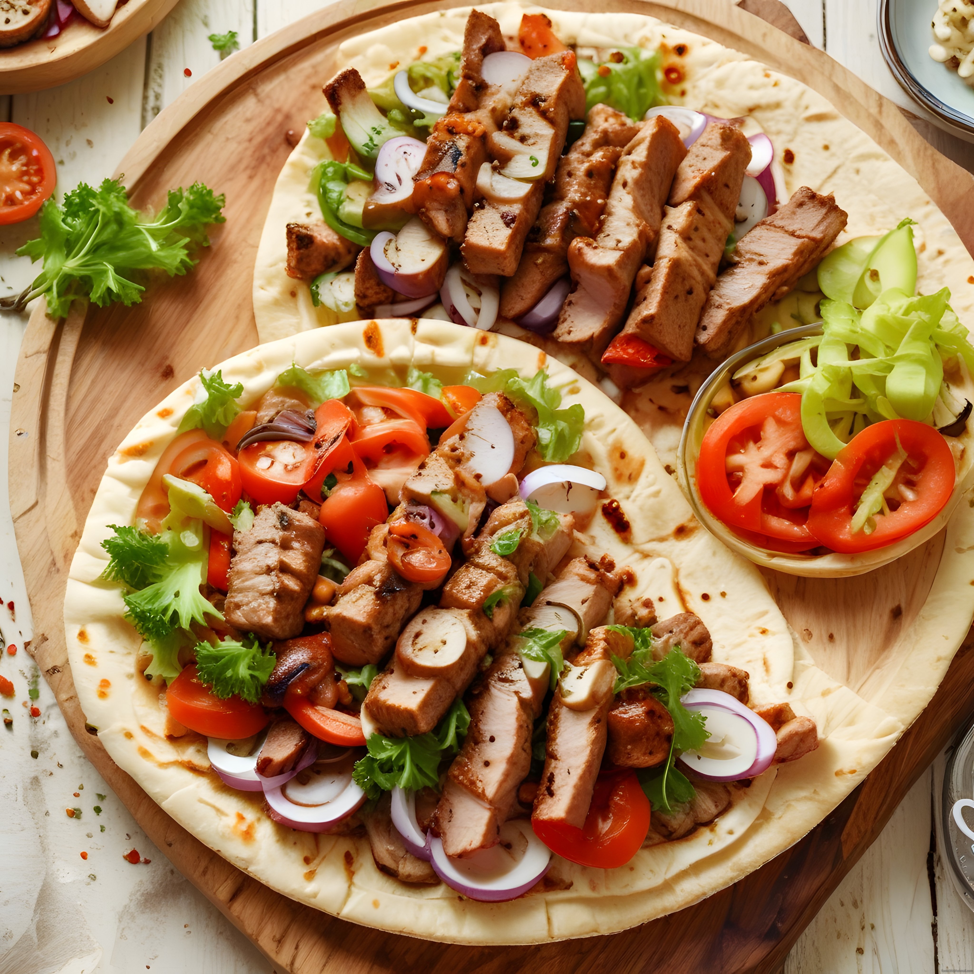 Taze sebzeler ve ızgara et dilimleriyle hazırlanan ev yapımı lavaş wrap sunumu