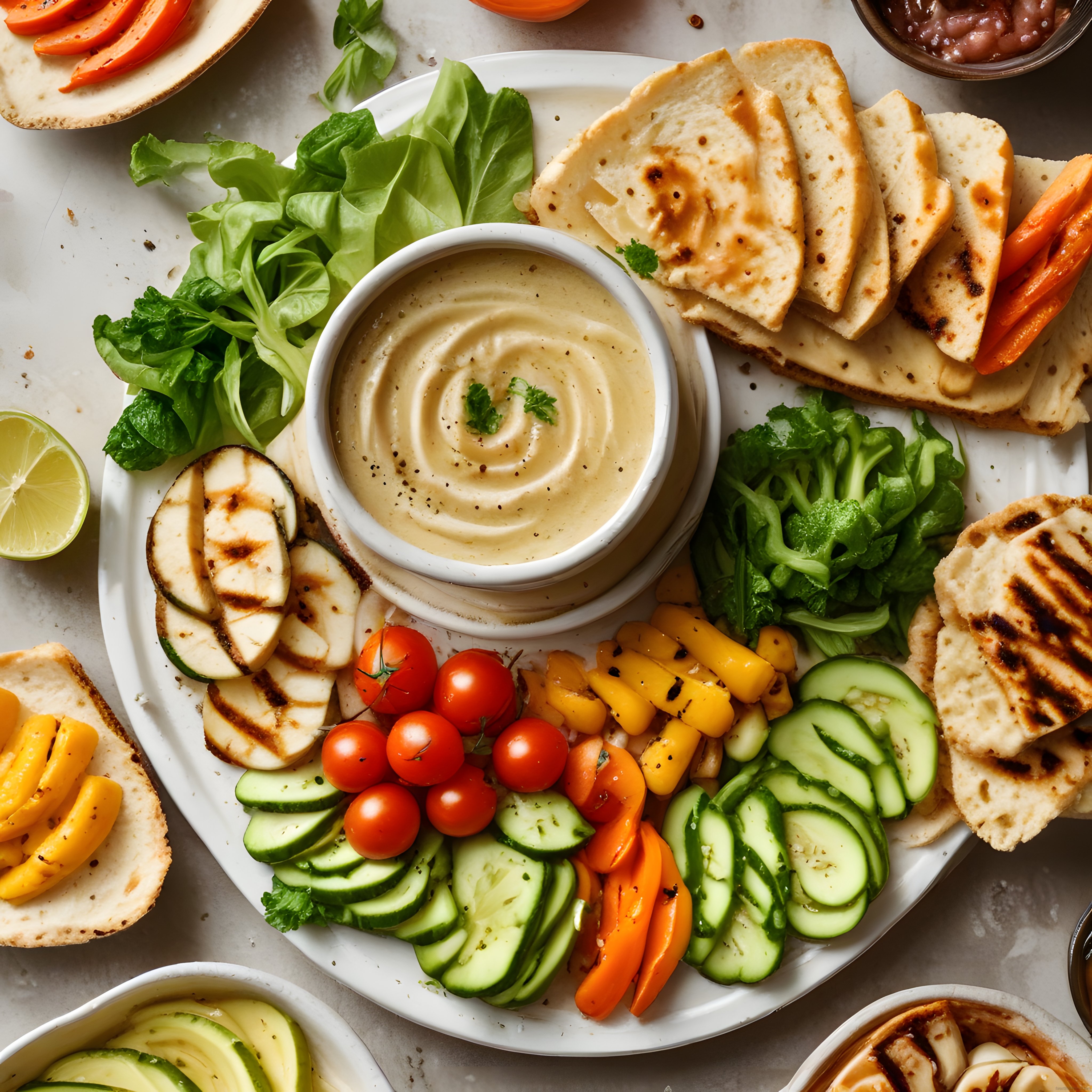 Taze Sebzeler ve Izgara Peynir Eşliğinde Kreması Humus Tabağı
