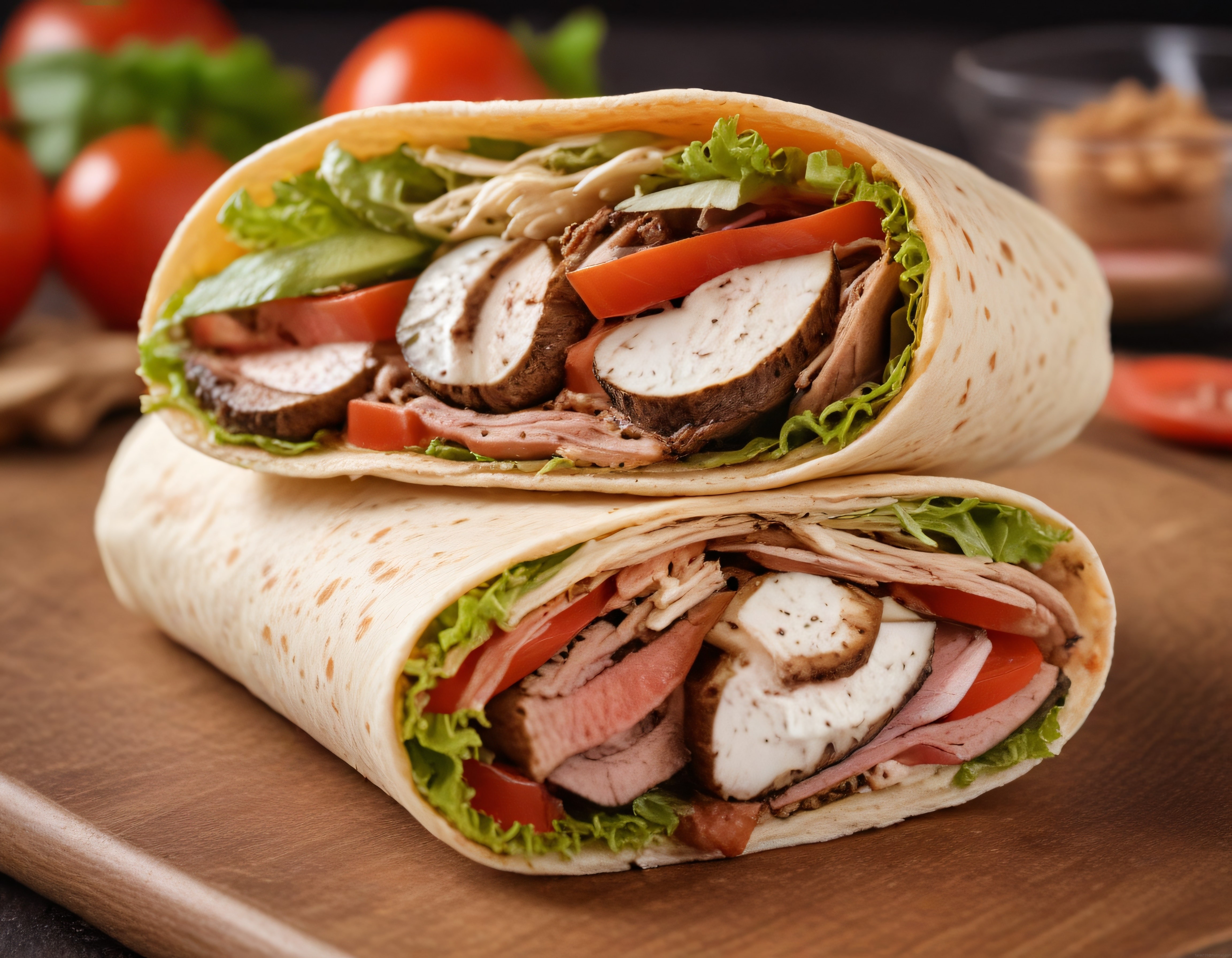 Taze sebzeler ve ızgara tavuk dolgusuyla hazırlanmış nefis dürüm wrap sandviç