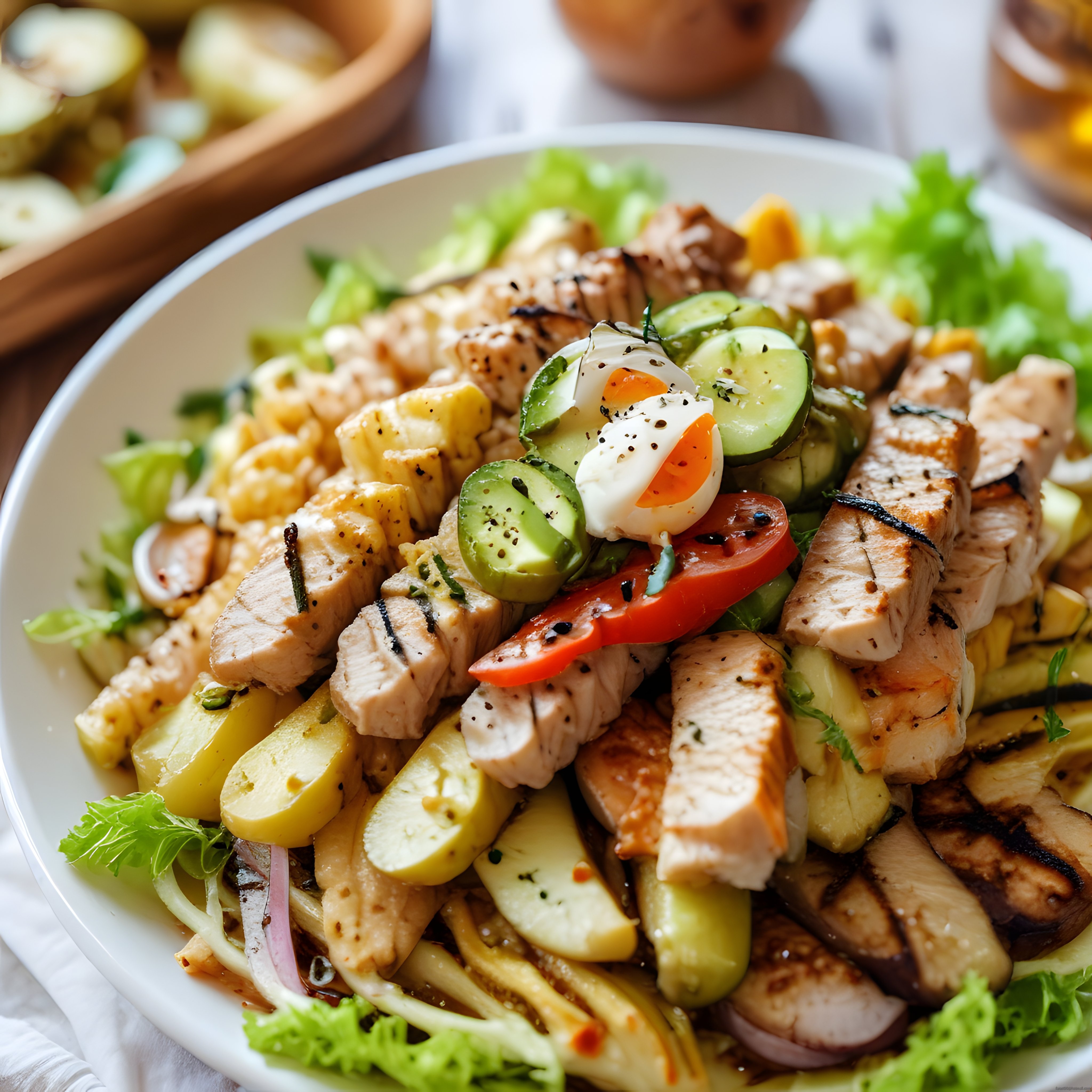 Taze Sebzeler ve Izgara Tavuklu Sağlıklı Protein Salatası Kasesi