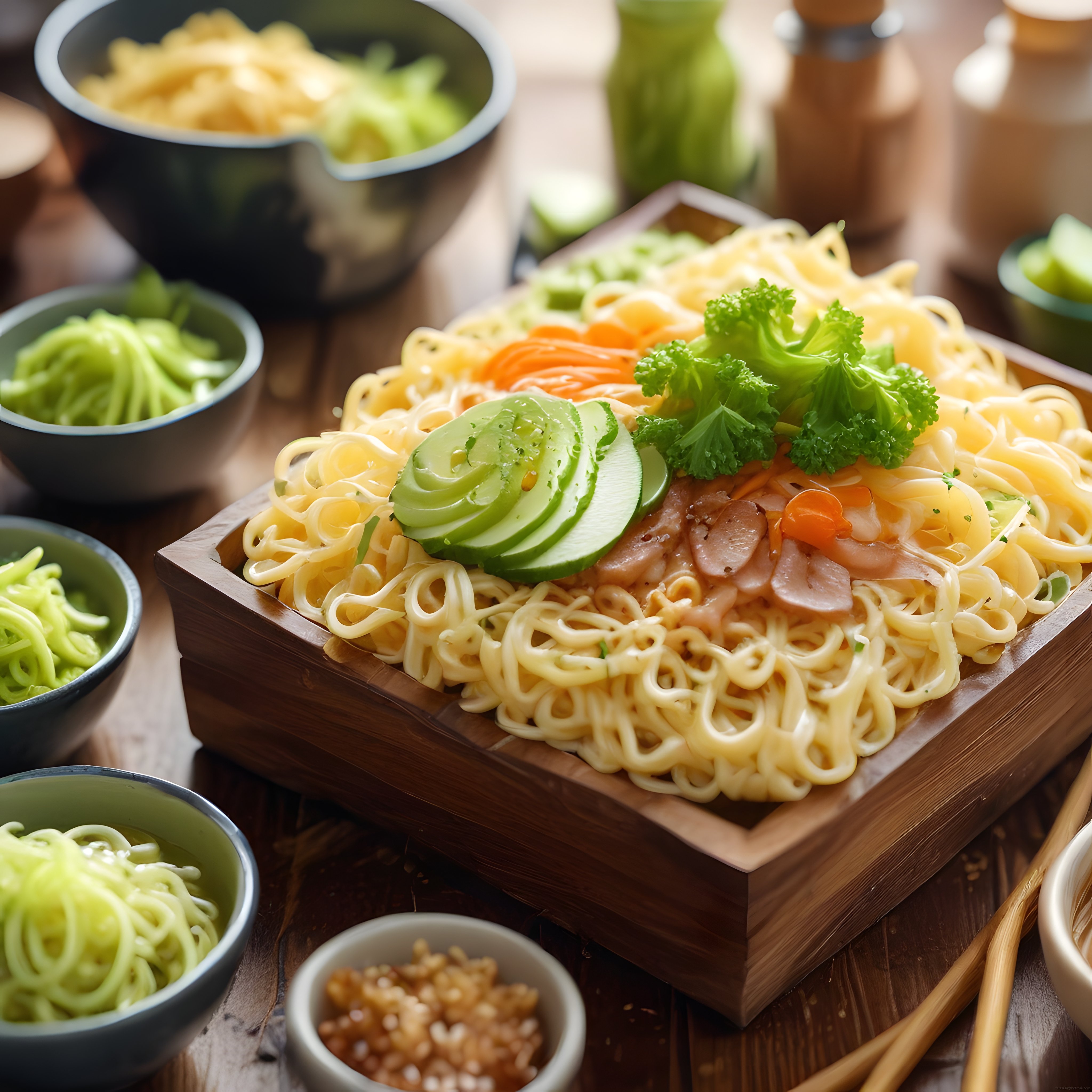 Taze Sebzeler ve Jambonla Süslenmiş Noodle Tabağı ile Asya Sunumu