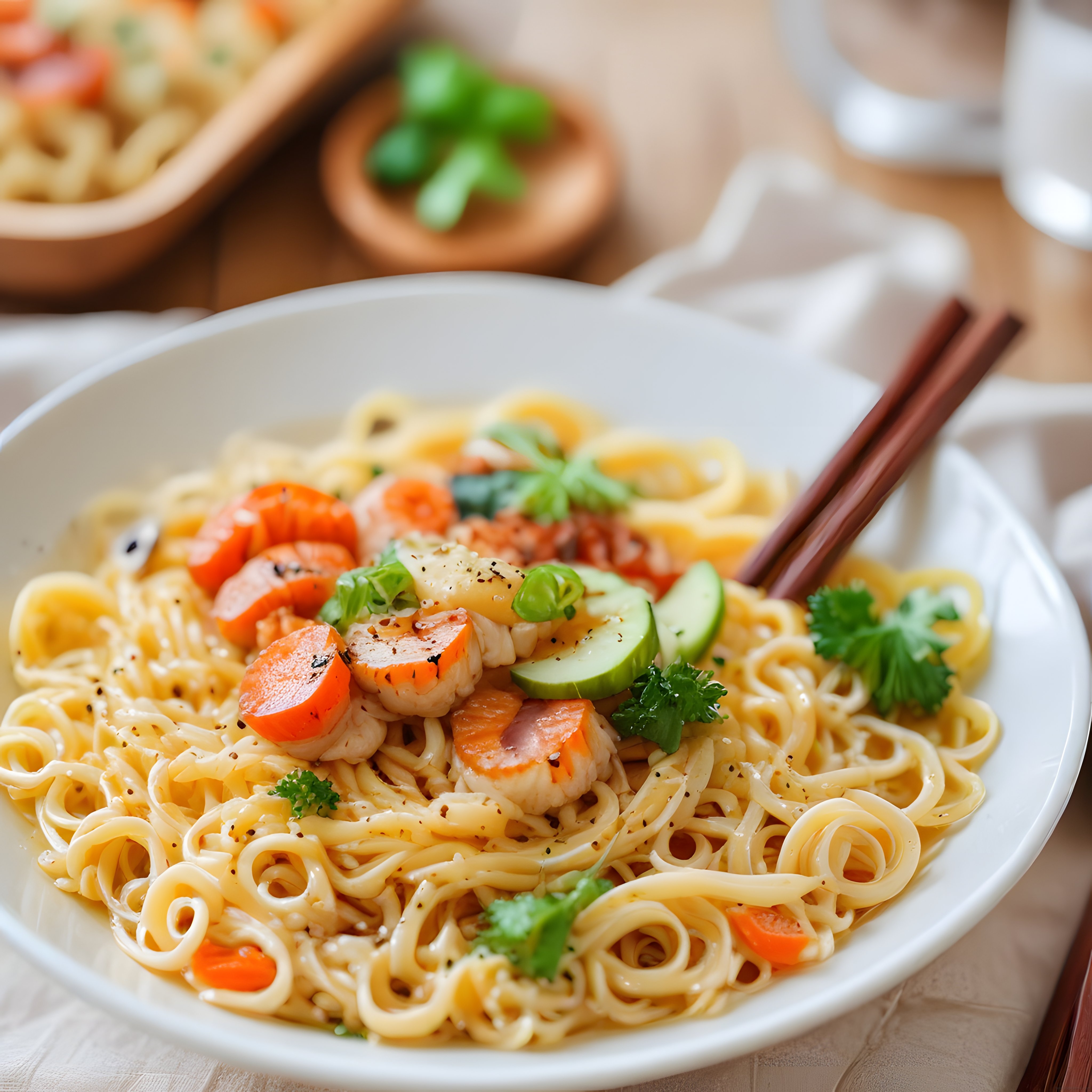 Taze Sebzeler ve Karidesle Süslenmiş Kremalı Erişte Noodle Kasesi