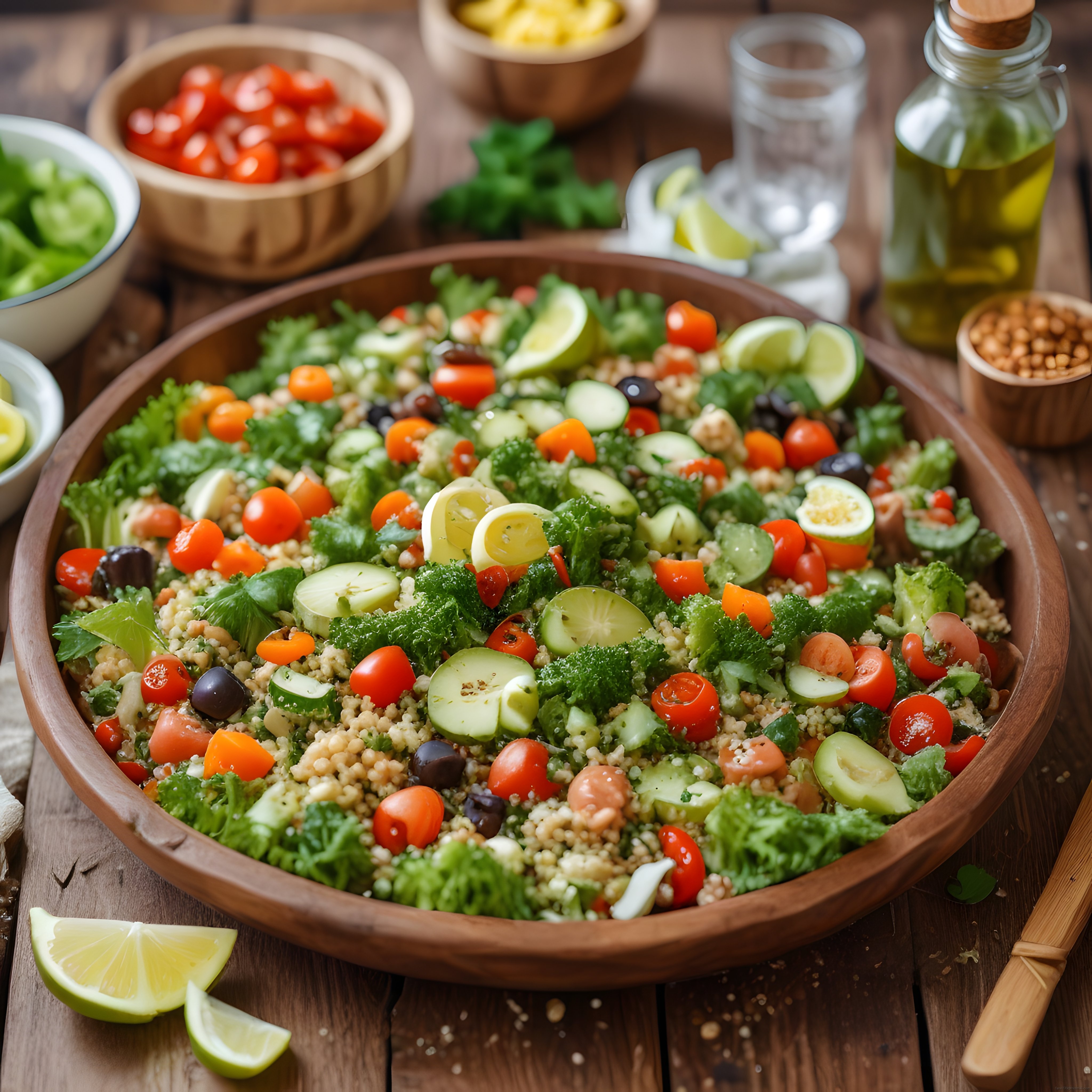 Taze sebzeler ve kinoalı besleyici kase salatası tarifi sunumu