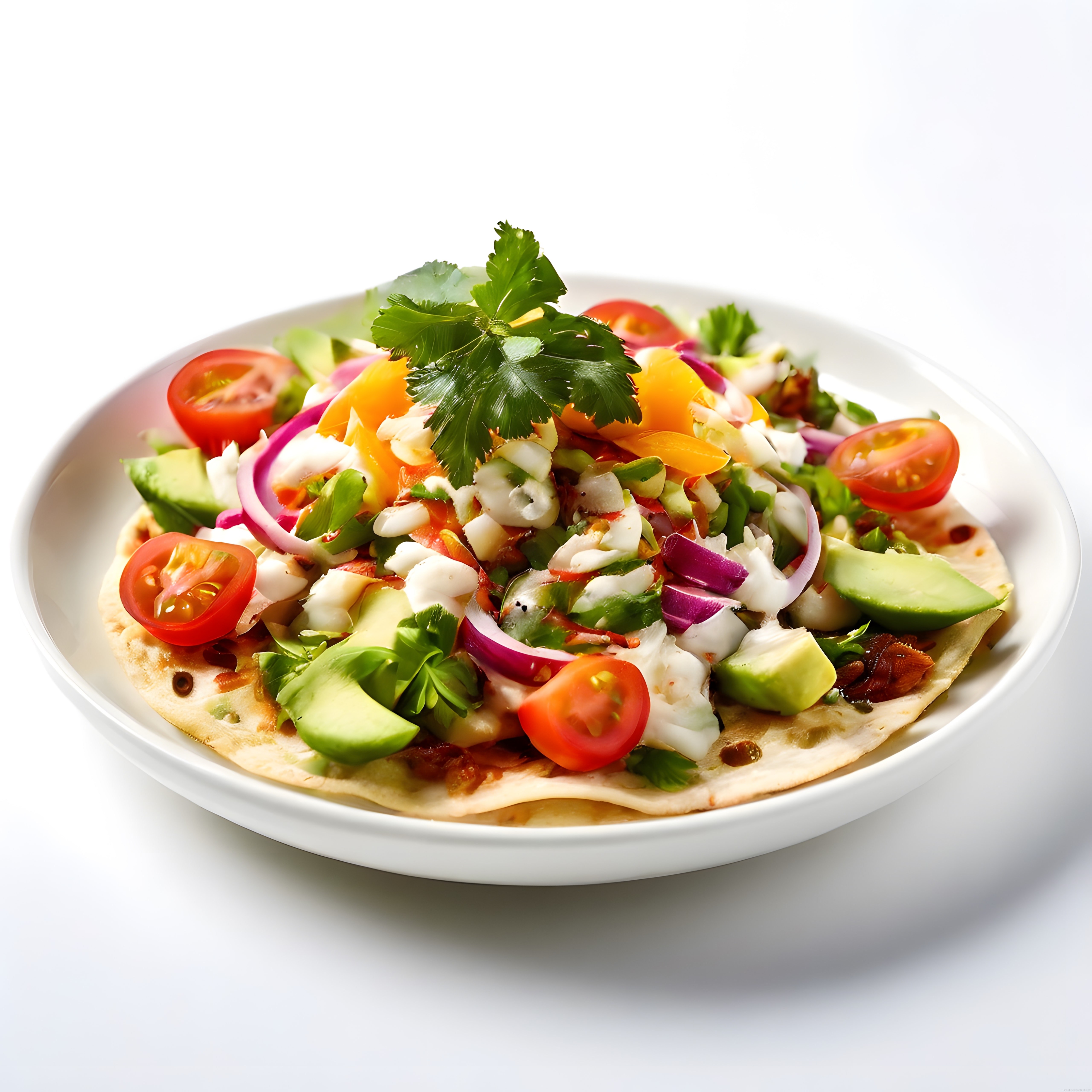 Taze Sebzeler ve Kişniş ile Süslenmiş Geleneksel Meksika Tostadası