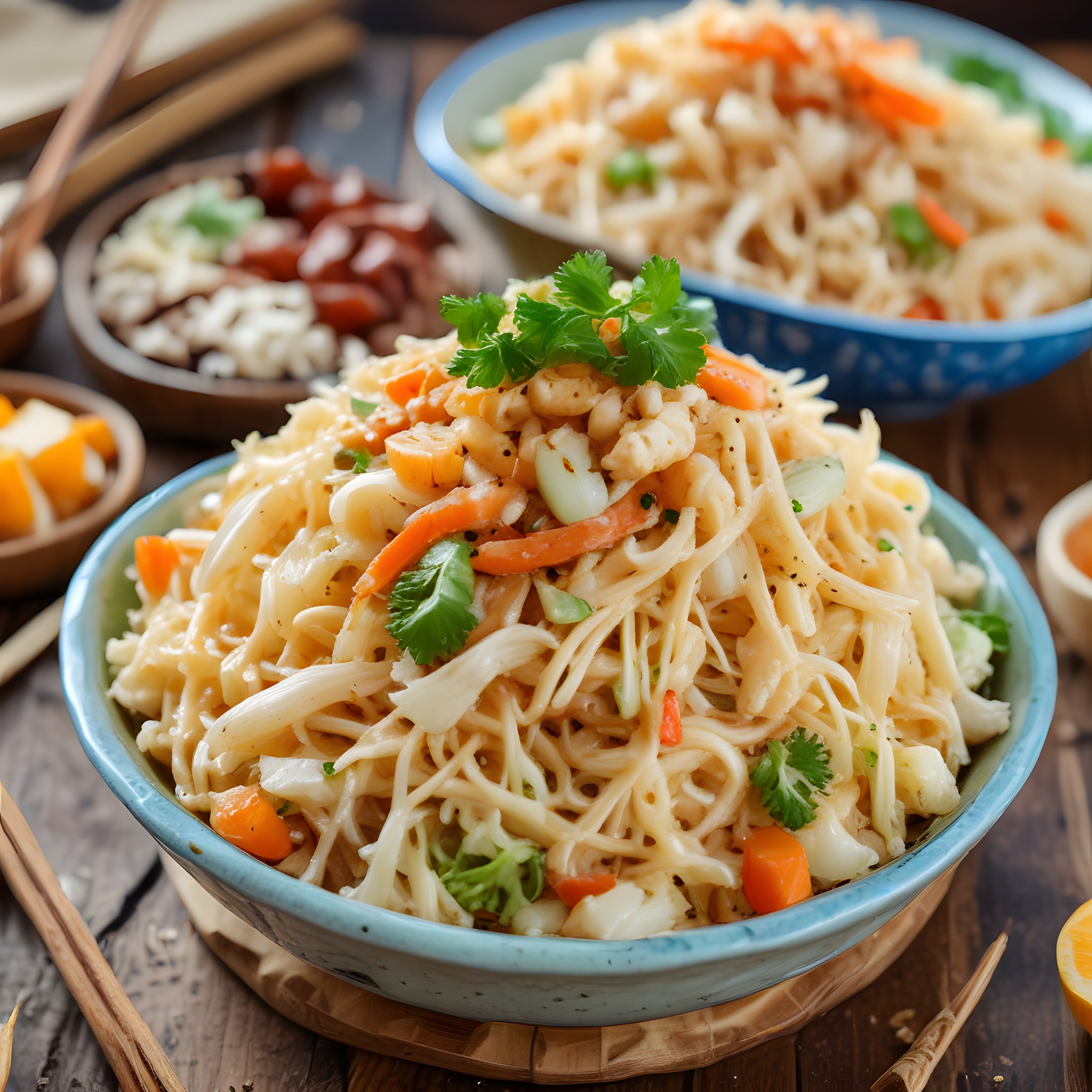 taze sebzeler ve kişnişle süslenmiş kremalı asya erişteli noodle kasesi