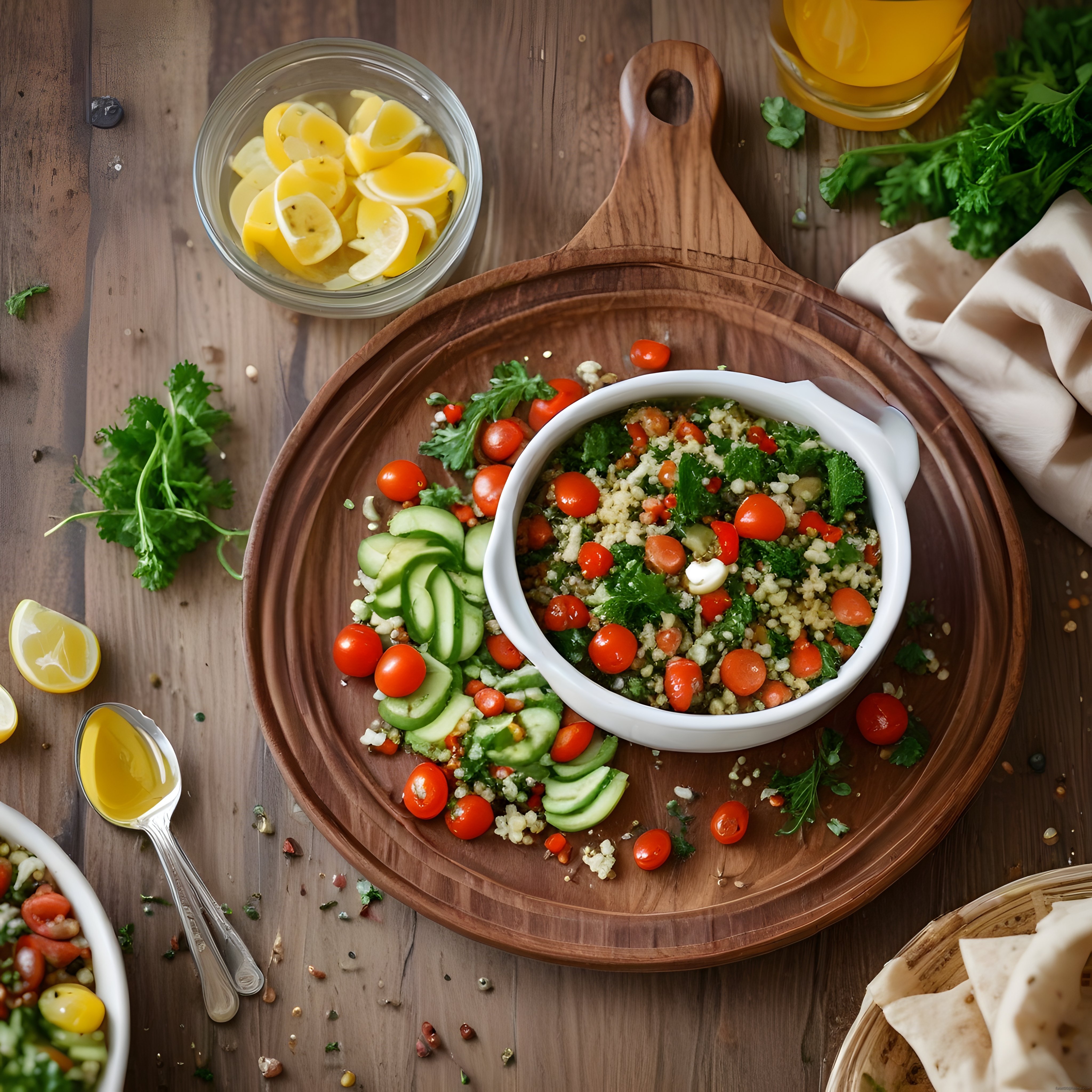 Taze Sebzeler ve Kuskusla Hazırlanan Sağlıklı Akdeniz Salatası Sunumu