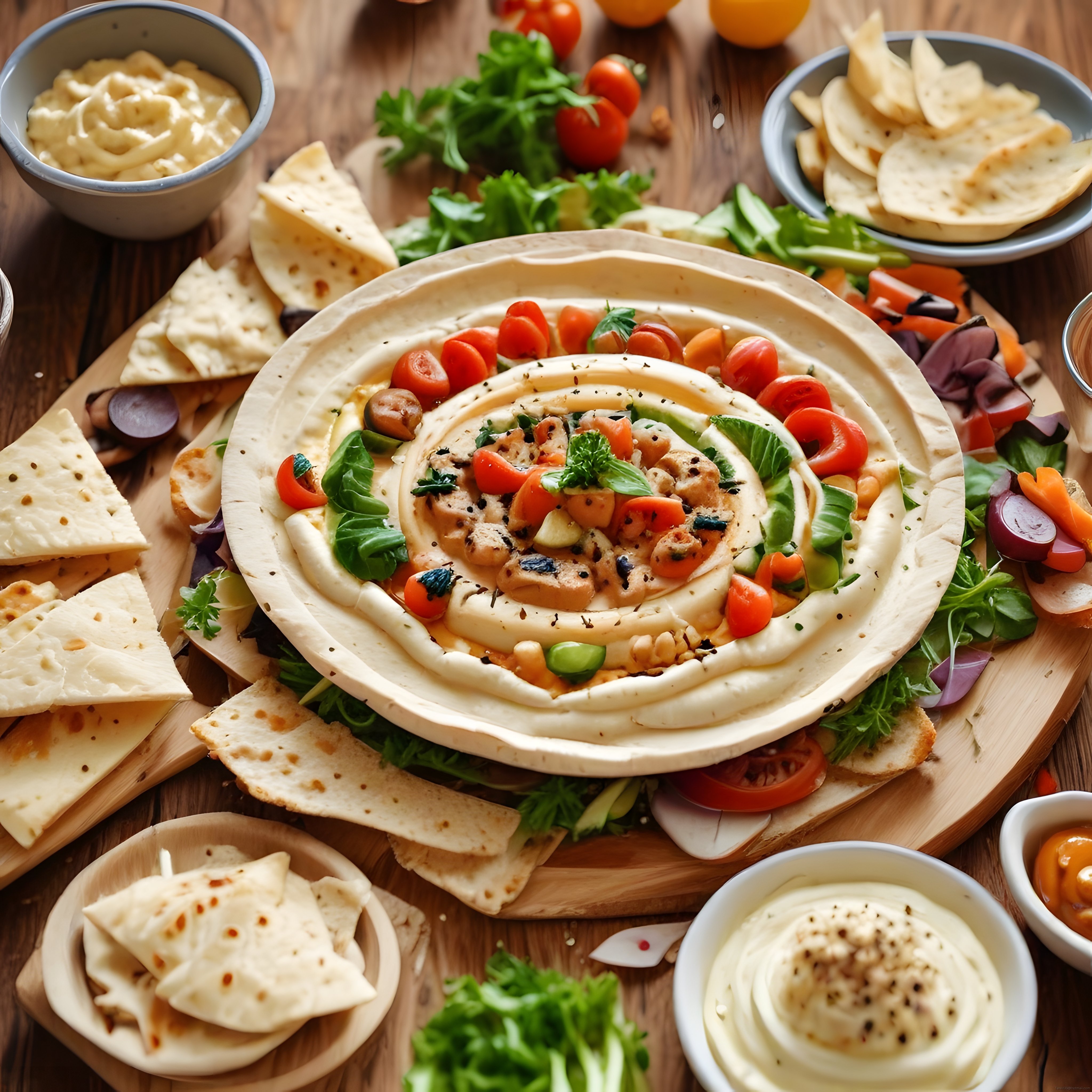 taze sebzeler ve lavaş eşliğinde sunum tahtası üzerindeki hummus meze tabağı