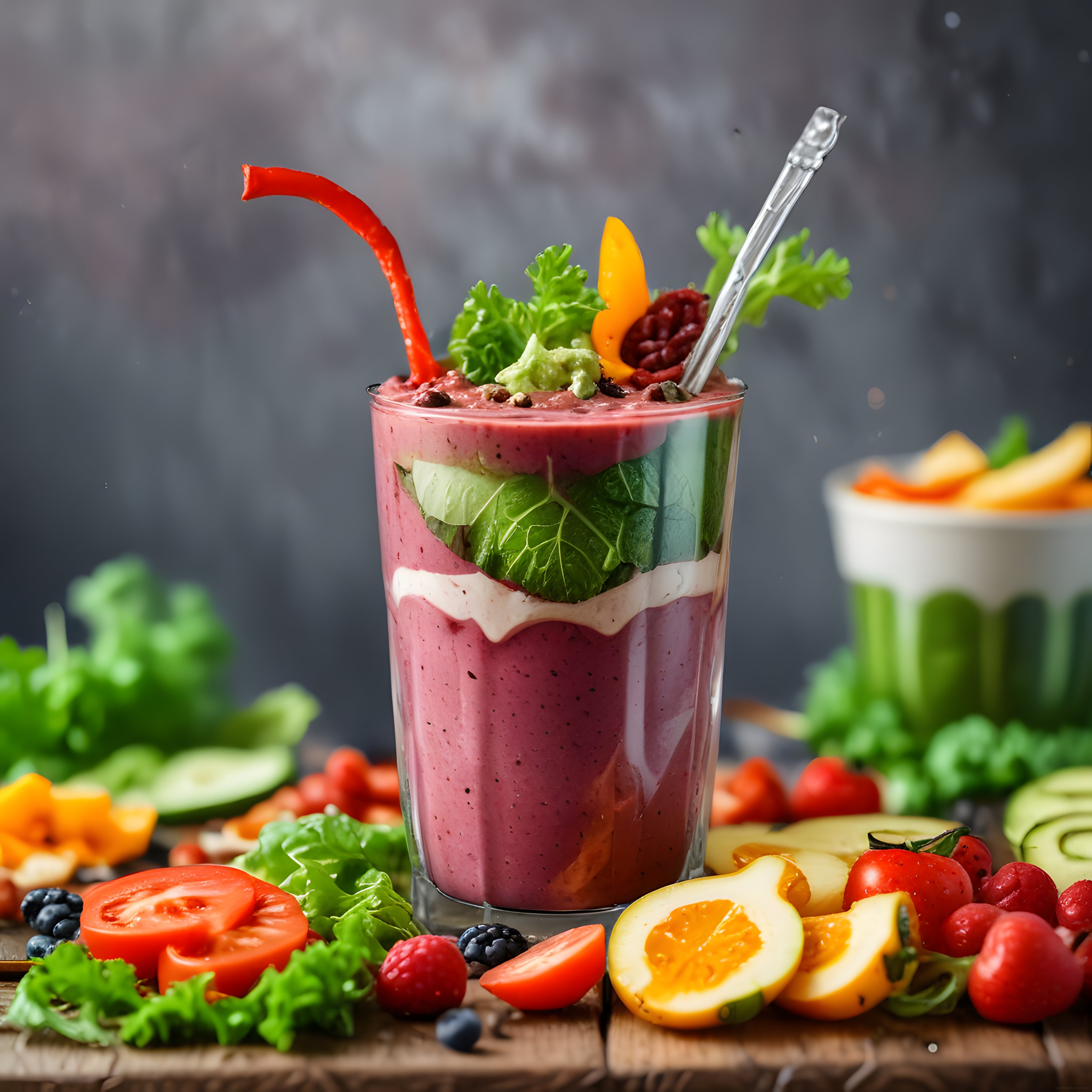 taze sebzeler ve meyvelerle süslenmiş sağlıklı detoks smoothie bardak sunumu