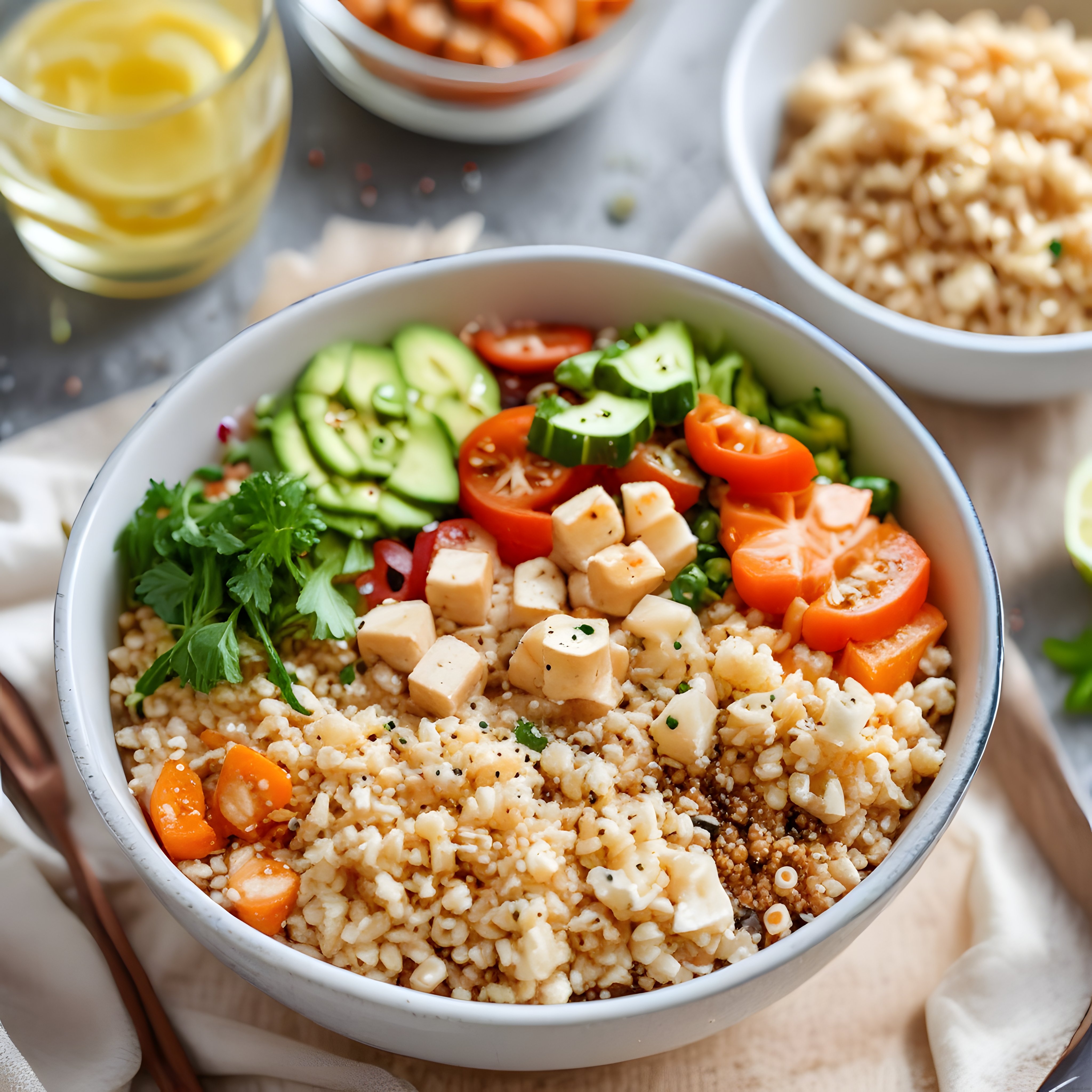Taze Sebzeler ve Peynirli Kinoalı Sağlıklı Buddha Bowl Kasesi