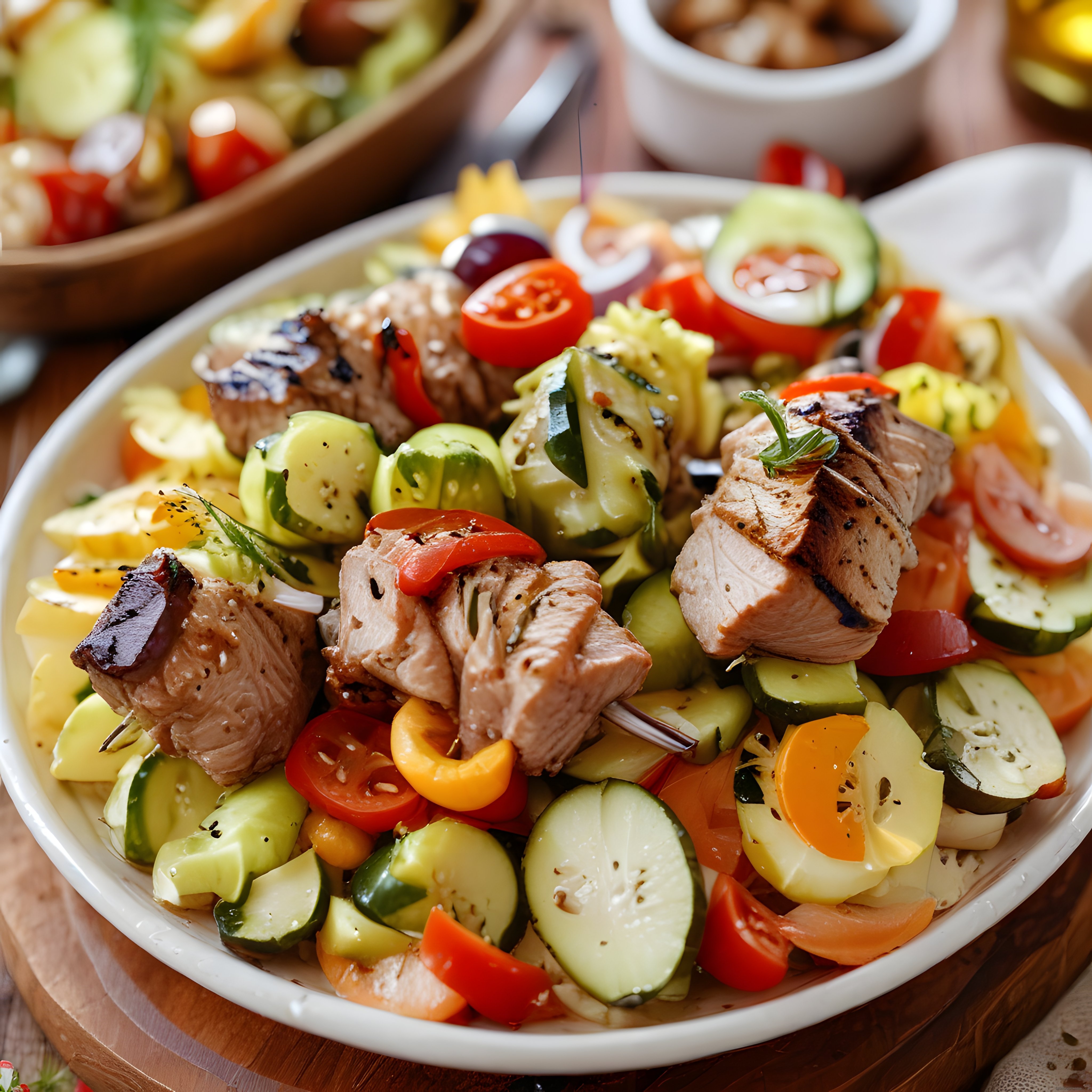 Taze sebzeler ve sulu ızgara tavuk dilimleriyle besleyici salata kasesi