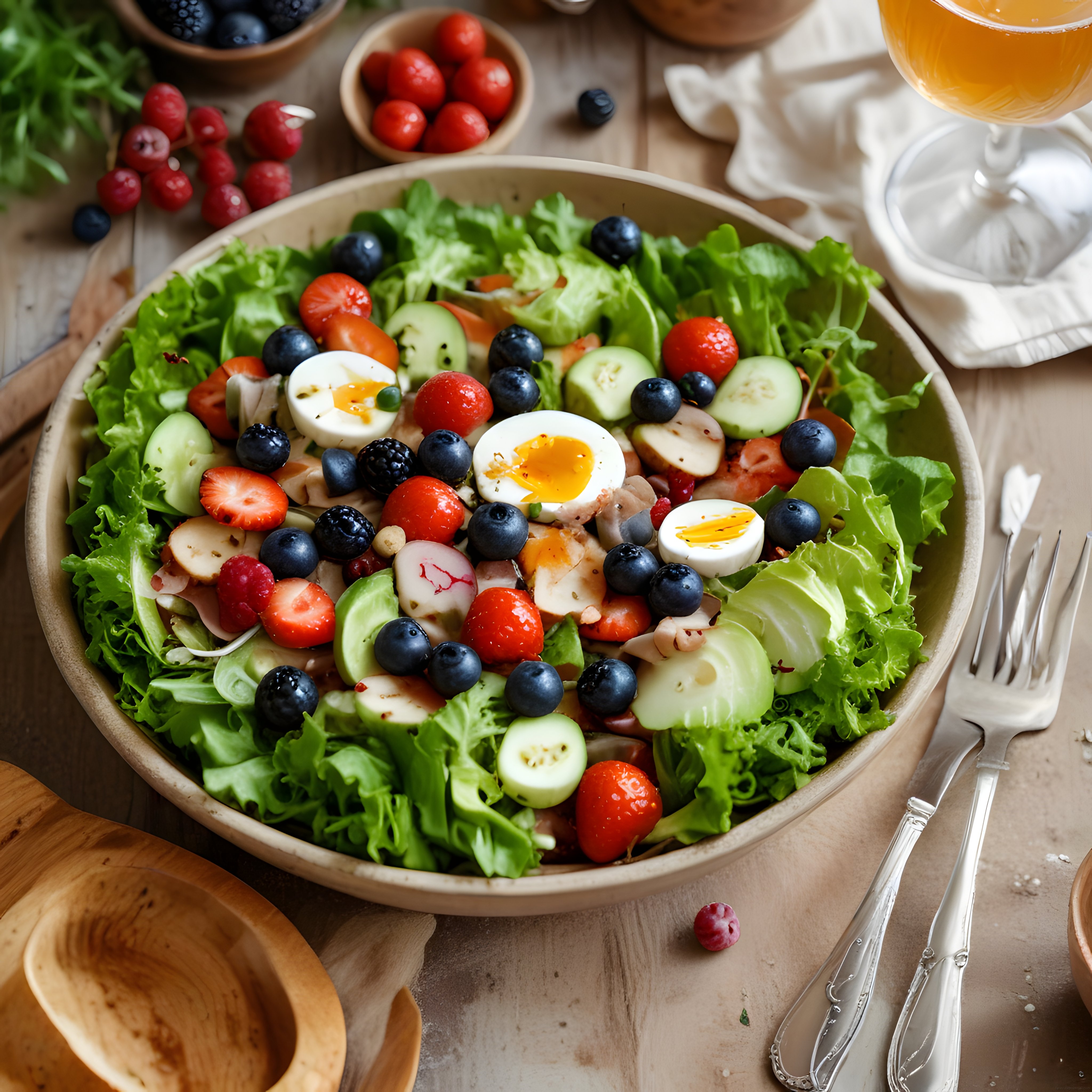Taze Sebzeler ve Yaban Mersiniyle Zenginleştirilmiş Yumurtalı Salata Kasesi