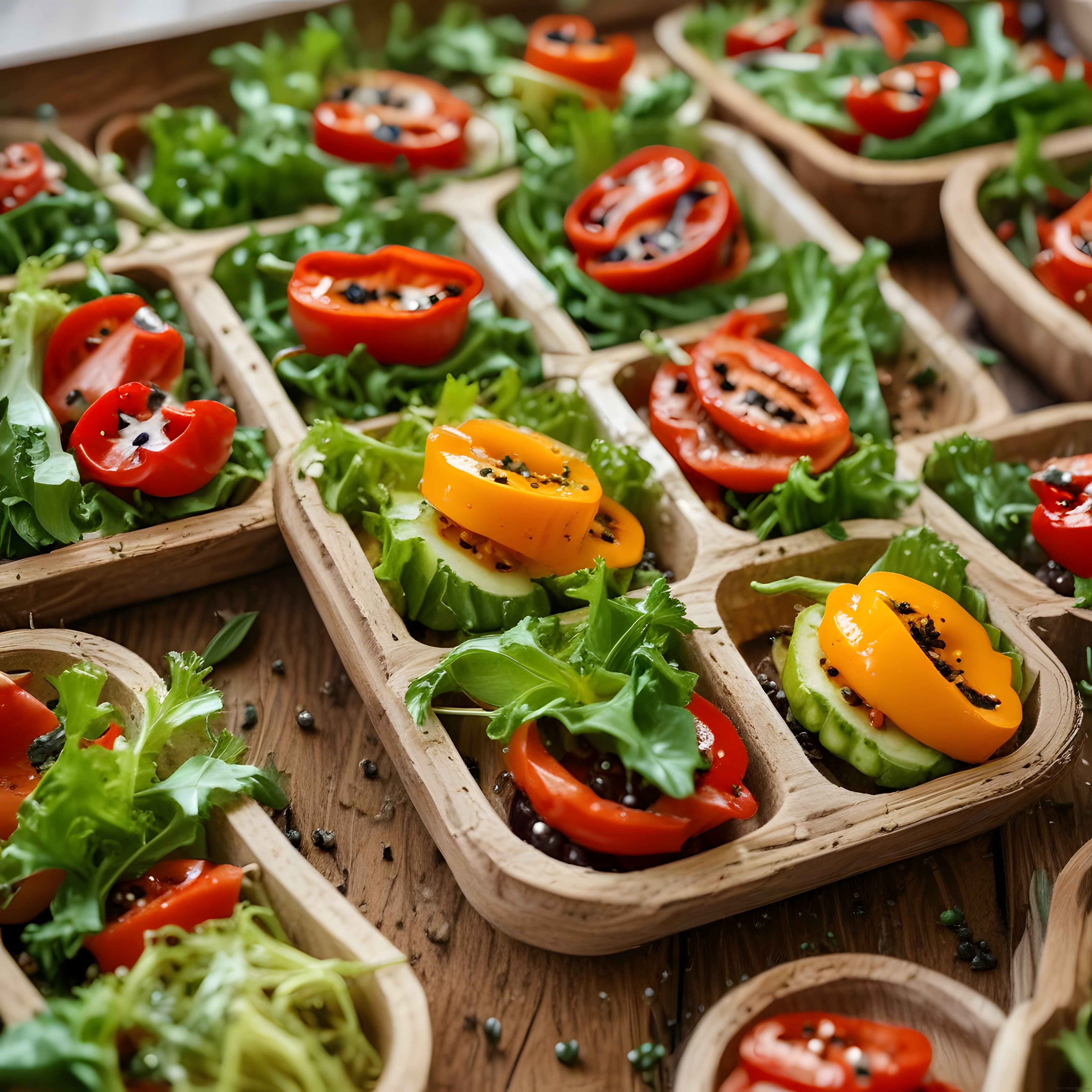 Taze Sebzeler ve Yeşilliklerle Ahşap Kâselerde Sağlıklı Salata Sunumları