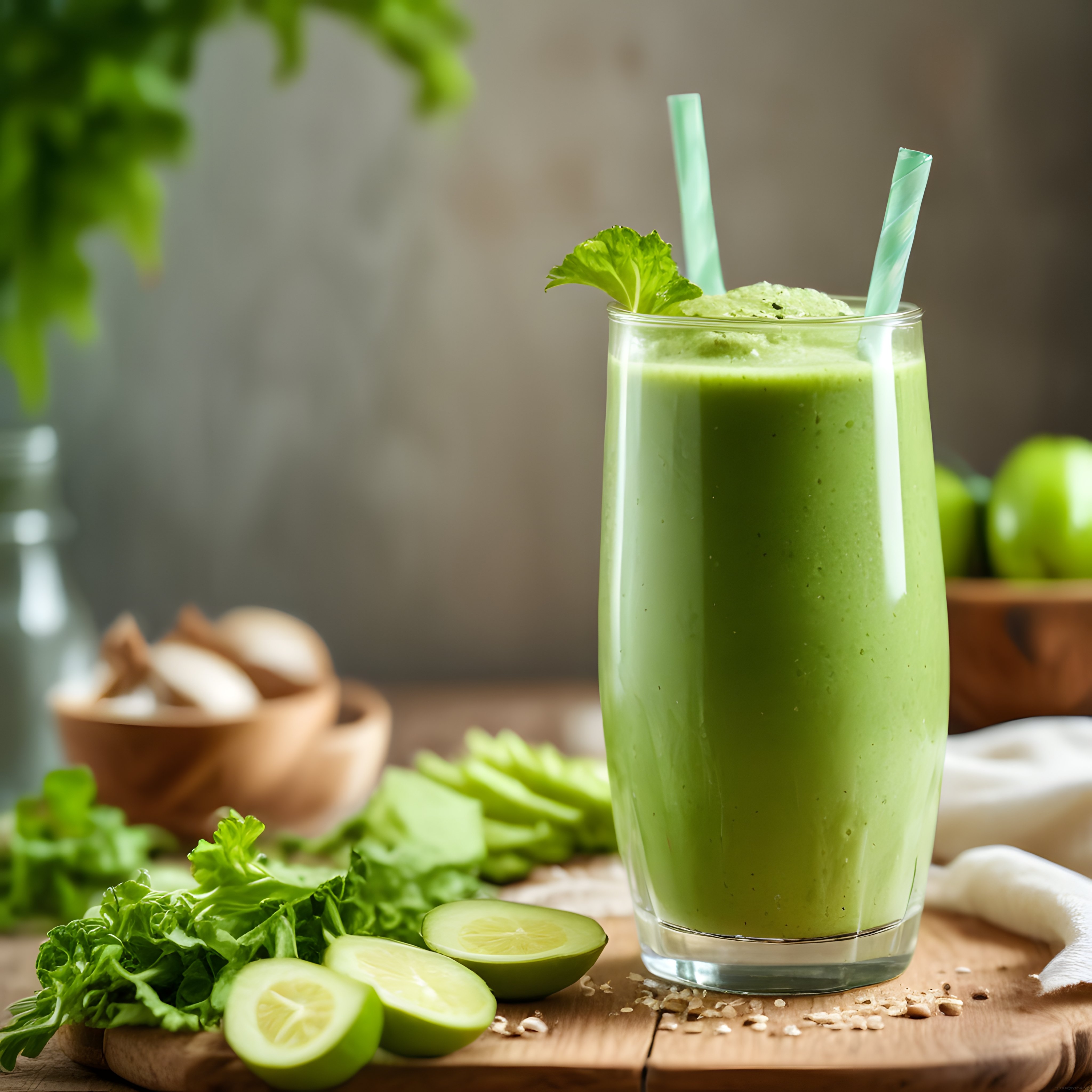Taze Sebzeler ve Yulaf ile Hazırlanan Yeşil Detoks Smoothie Sunumu