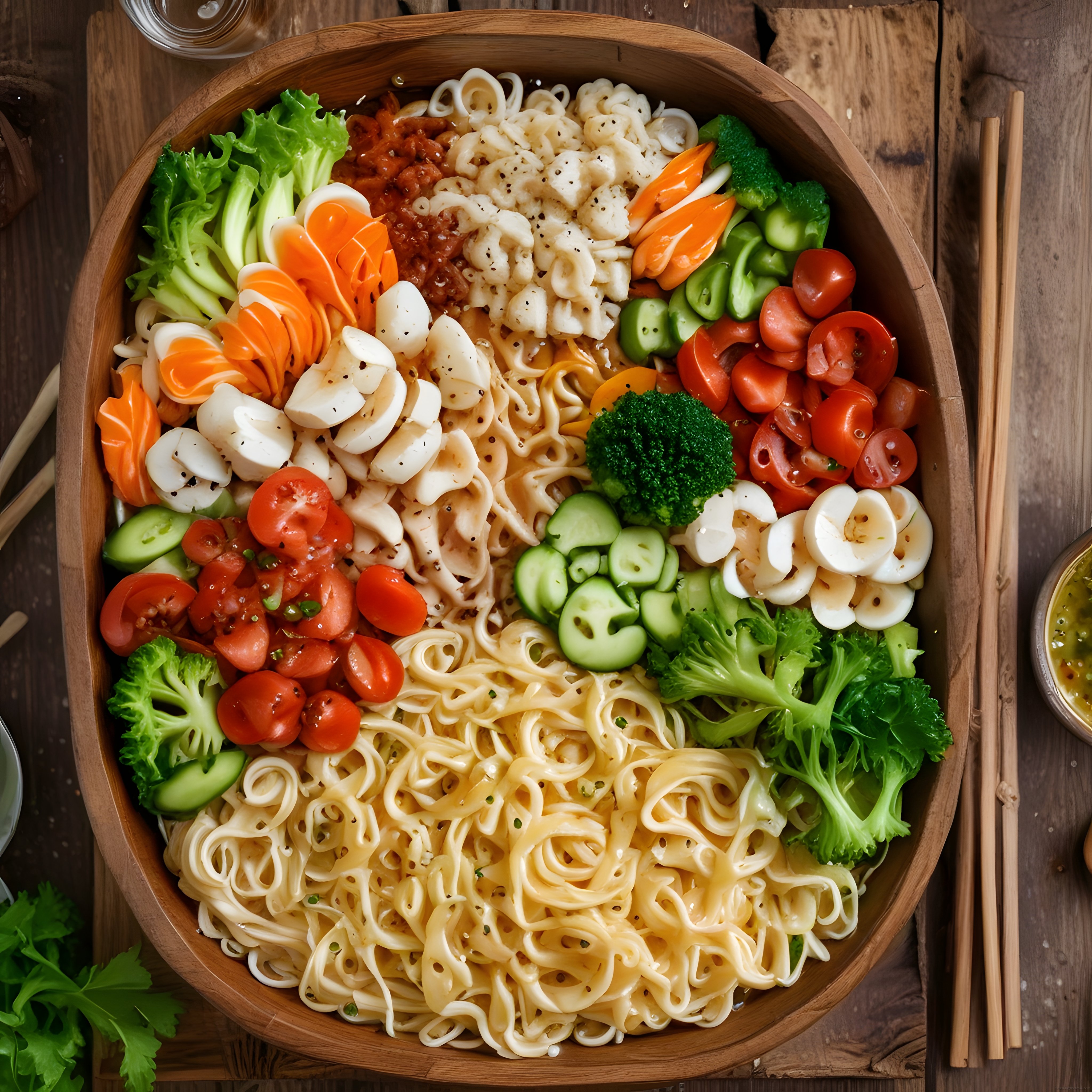 Taze Sebzeler ve Yumurta ile Süslenmiş Renkli Erişte Salatası Kasesi