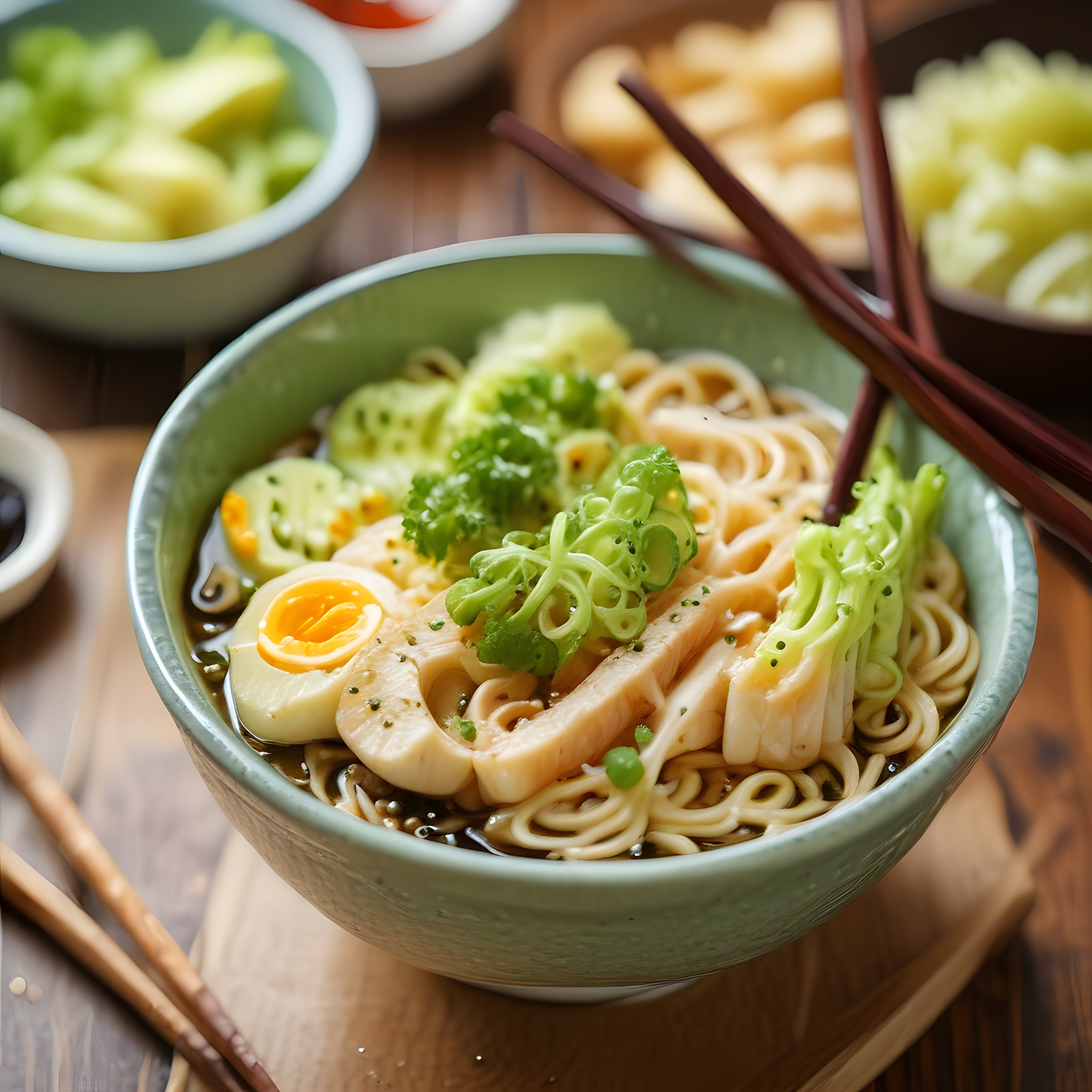 Taze sebzeler ve yumurtalı geleneksel ramen kasesi, ahşap sunum üzerinde