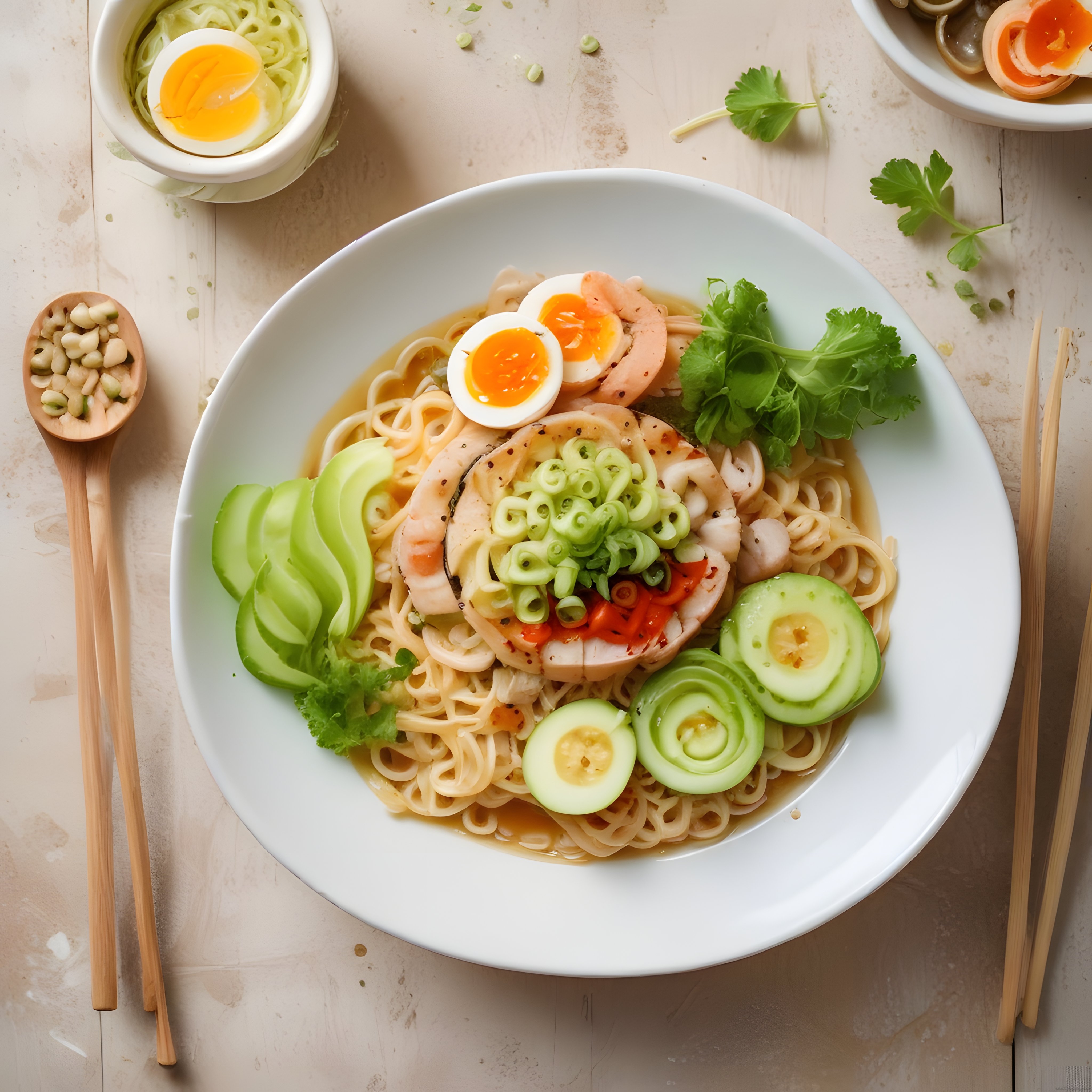 Taze Sebzeler ve Yumurtayla Süslenmiş Geleneksel Asya Noodle Kasesi