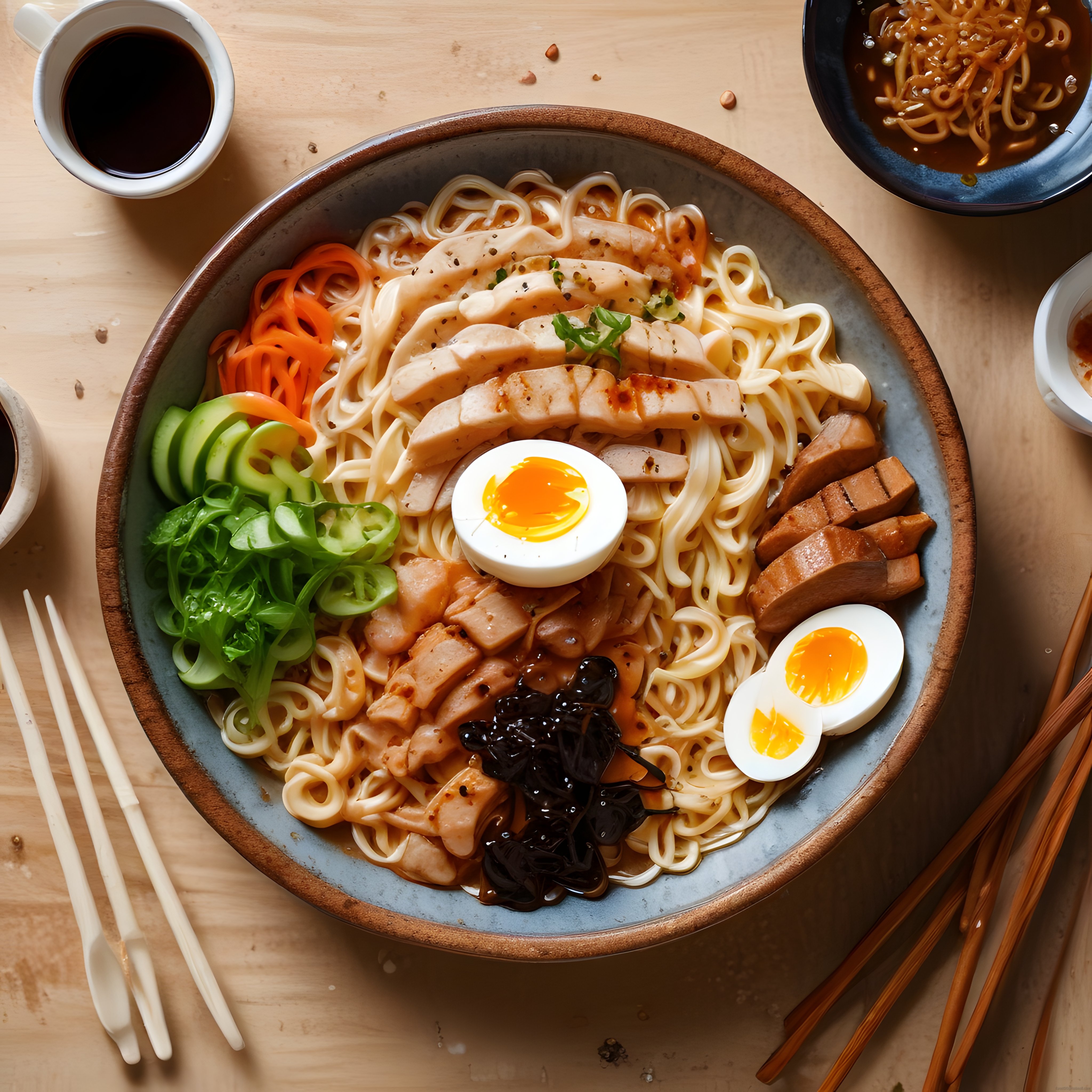 Taze sebzeler ve yumuşak haşlanmış yumurtayla zengin tavuklu ramen kasesi