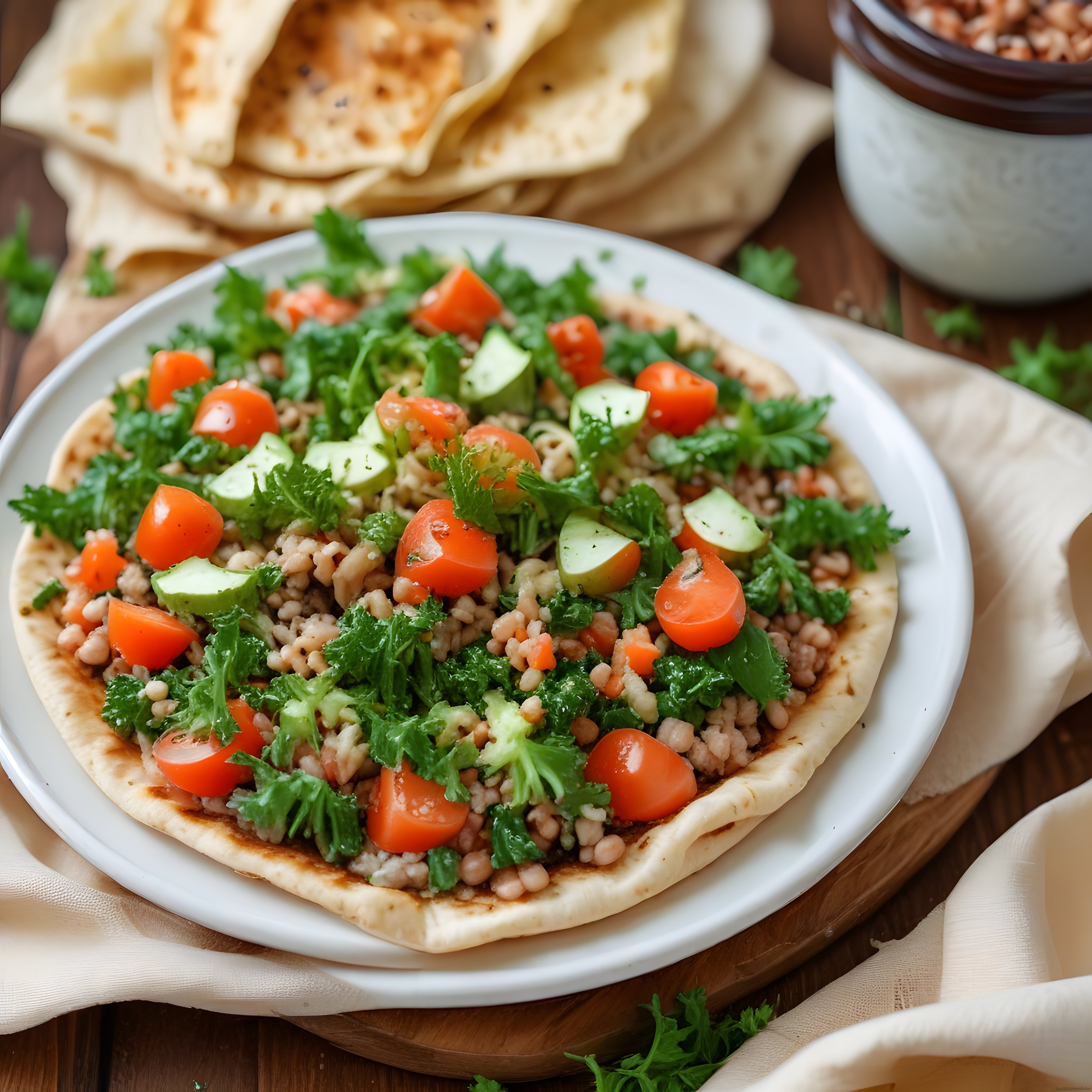 Taze sebzelerle bezeli bulgurlu lavash tabağı ve ev yapımı ekmekler