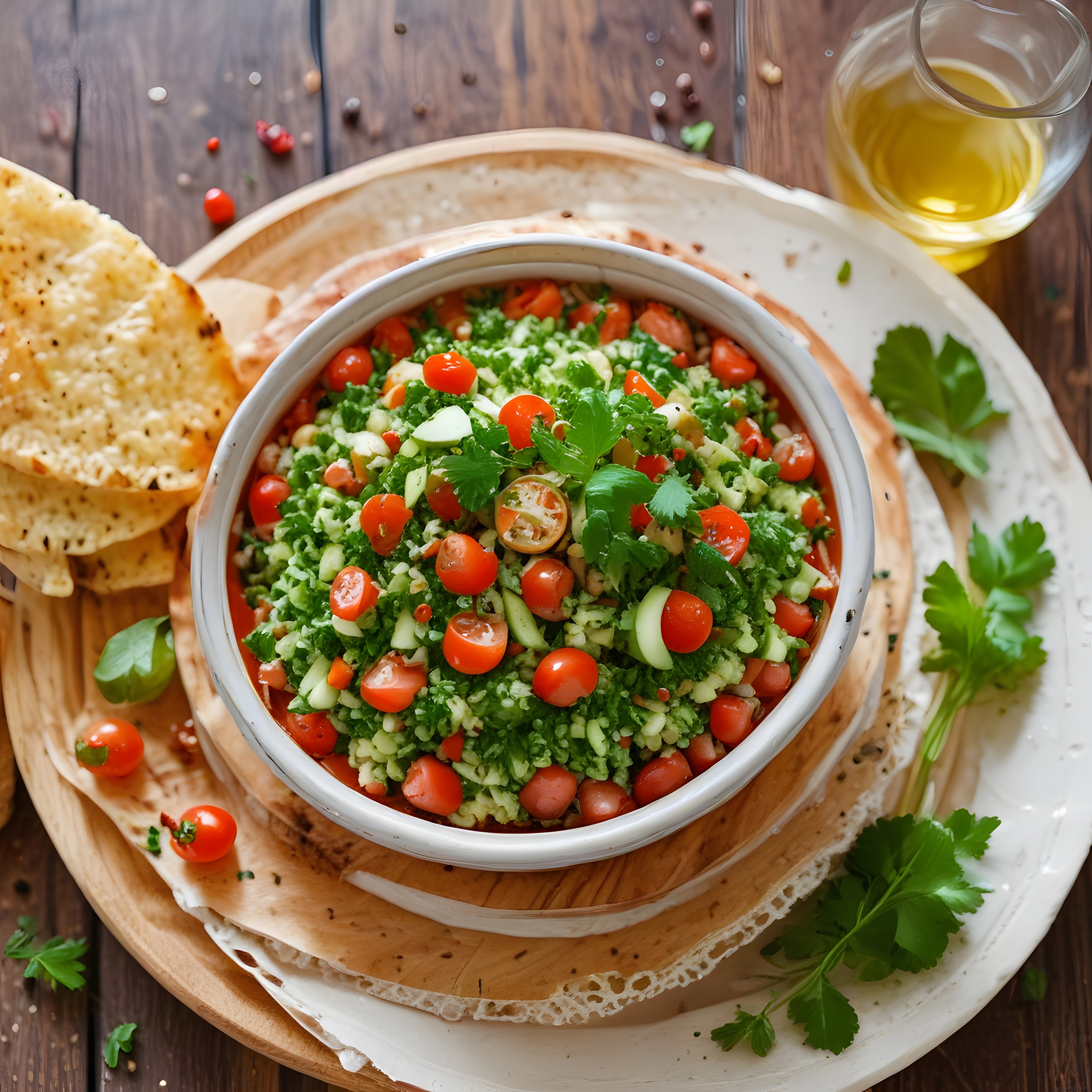 Taze Sebzelerle Hazırlanan Besleyici Tabbouleh Salatası ve Lavaş Ekmek Sunumu