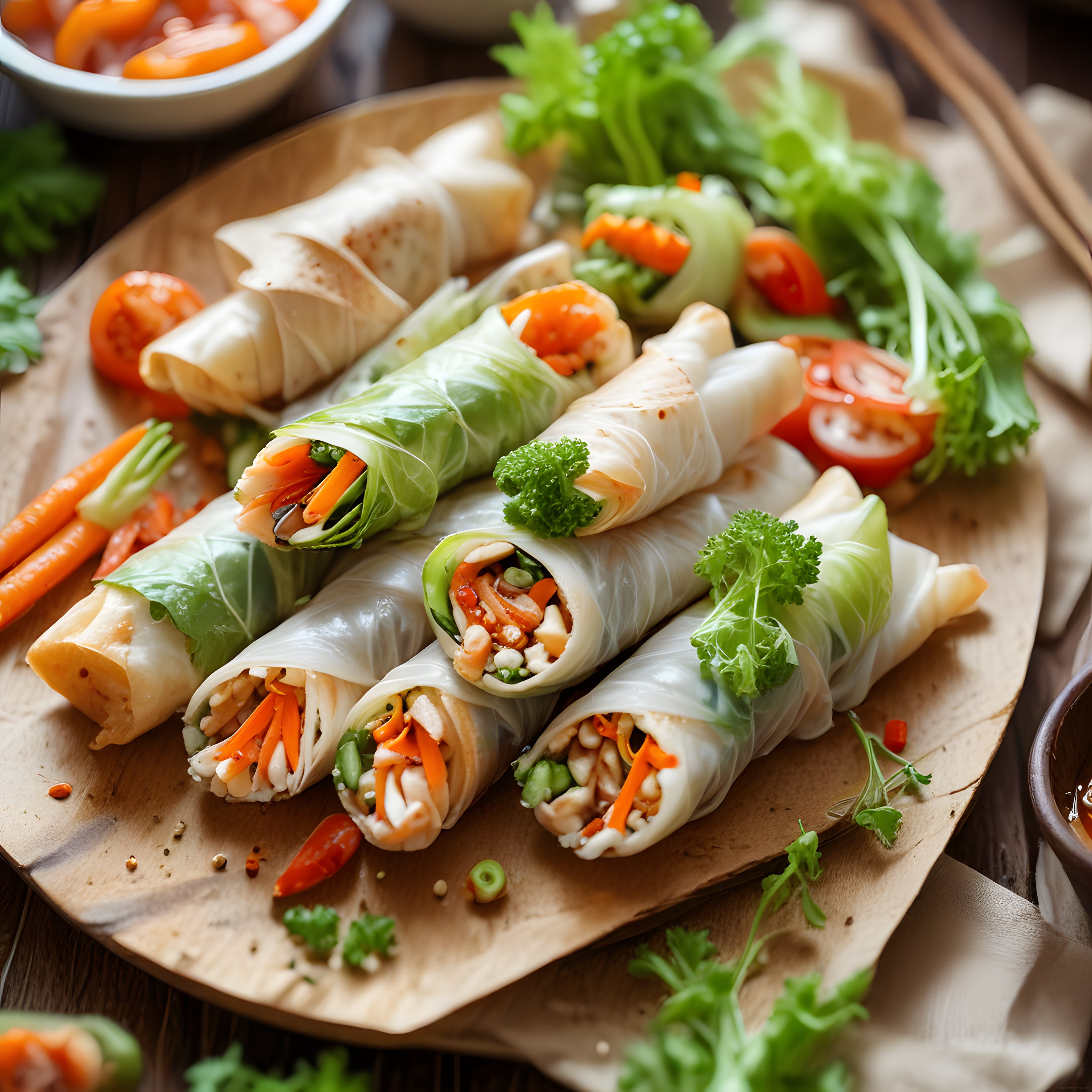 Taze Sebzelerle Hazırlanan Ev Yapımı Vietnamese Bahar Ruloları ve Dip Sos