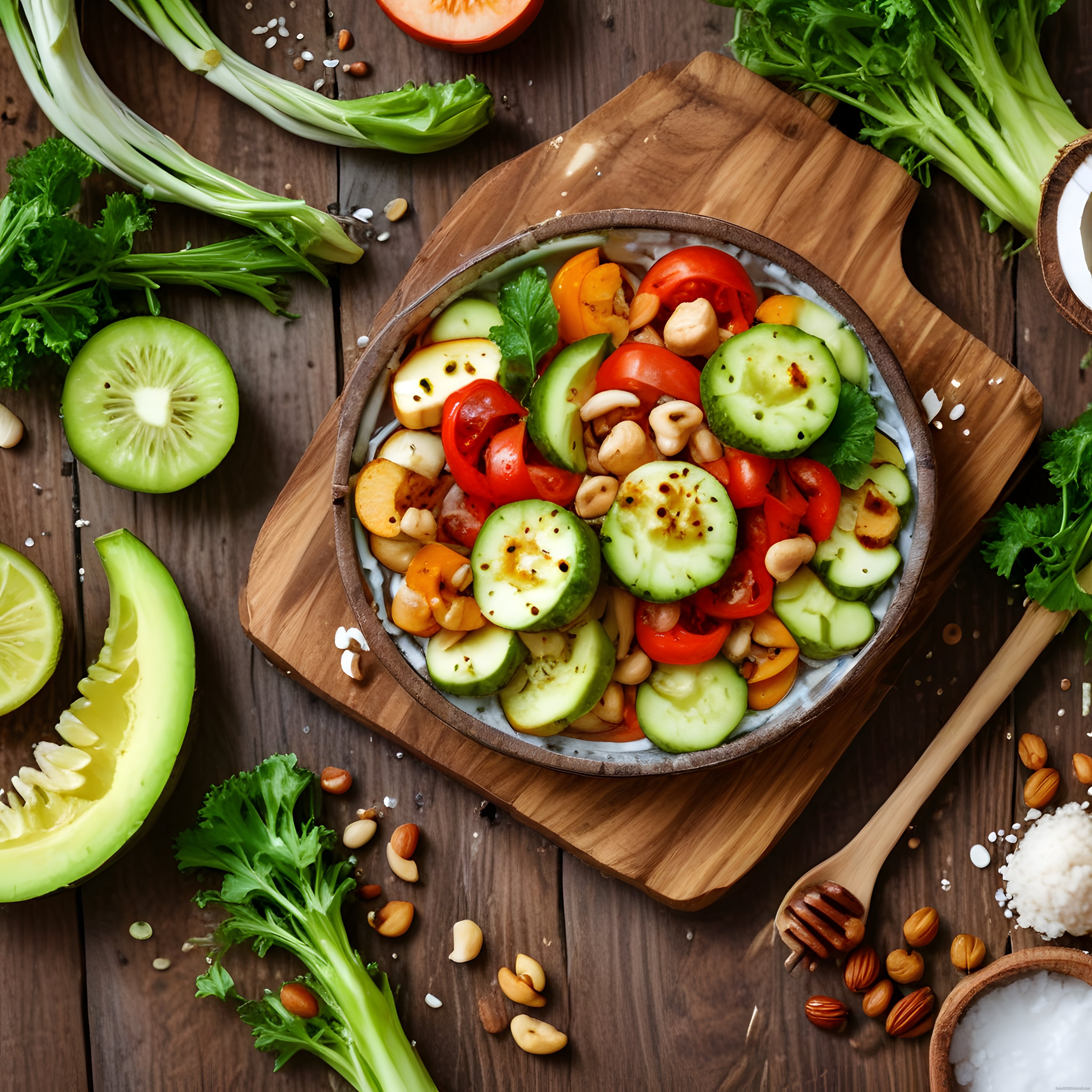 Taze Sebzelerle Hazırlanmış Besleyici Vegan Kase Salata ve Kuruyemişler