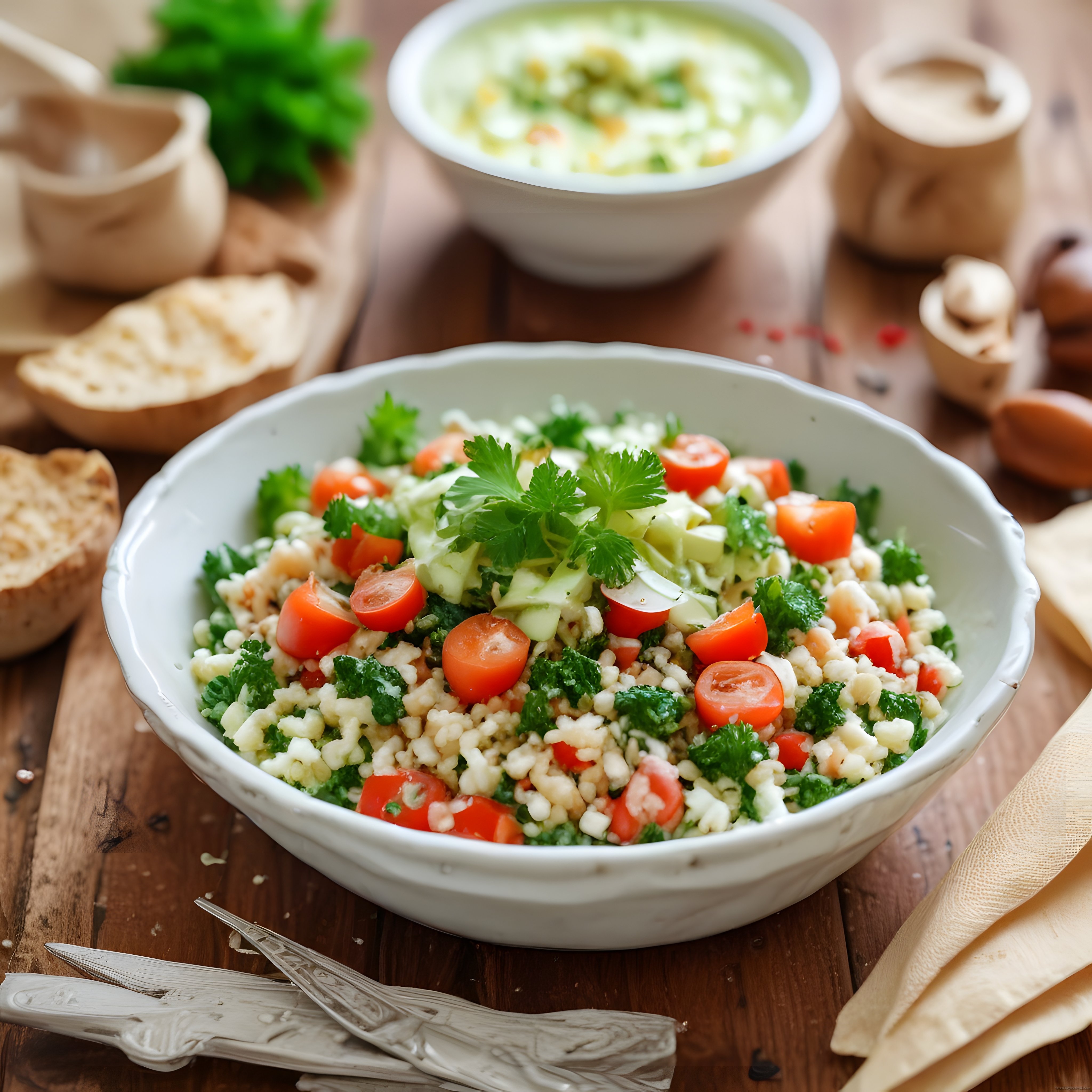 Taze sebzelerle hazırlanmış bulgur salatası ve cacık sunumlu rustik sofra