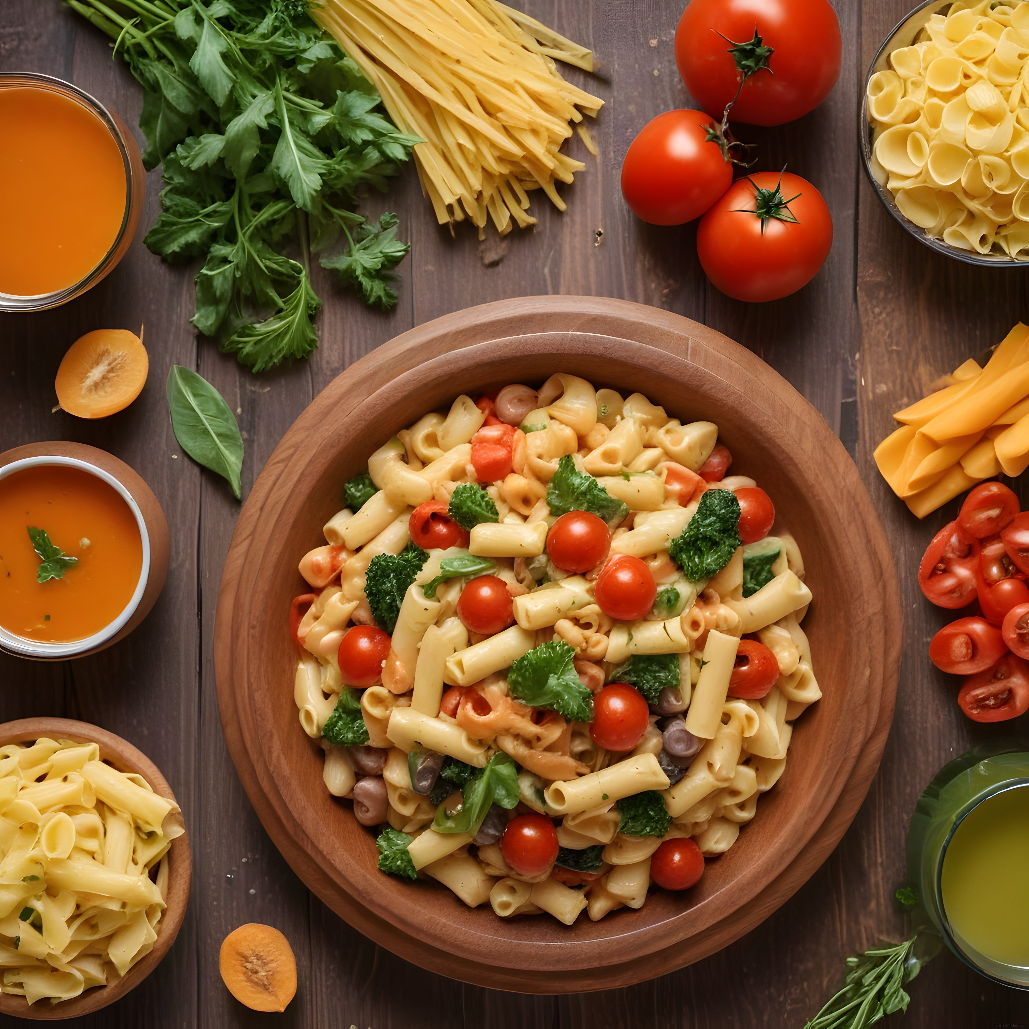 Taze Sebzelerle Hazırlanmış Nefis Makarna Salatası ve Mutfak Malzemeleri