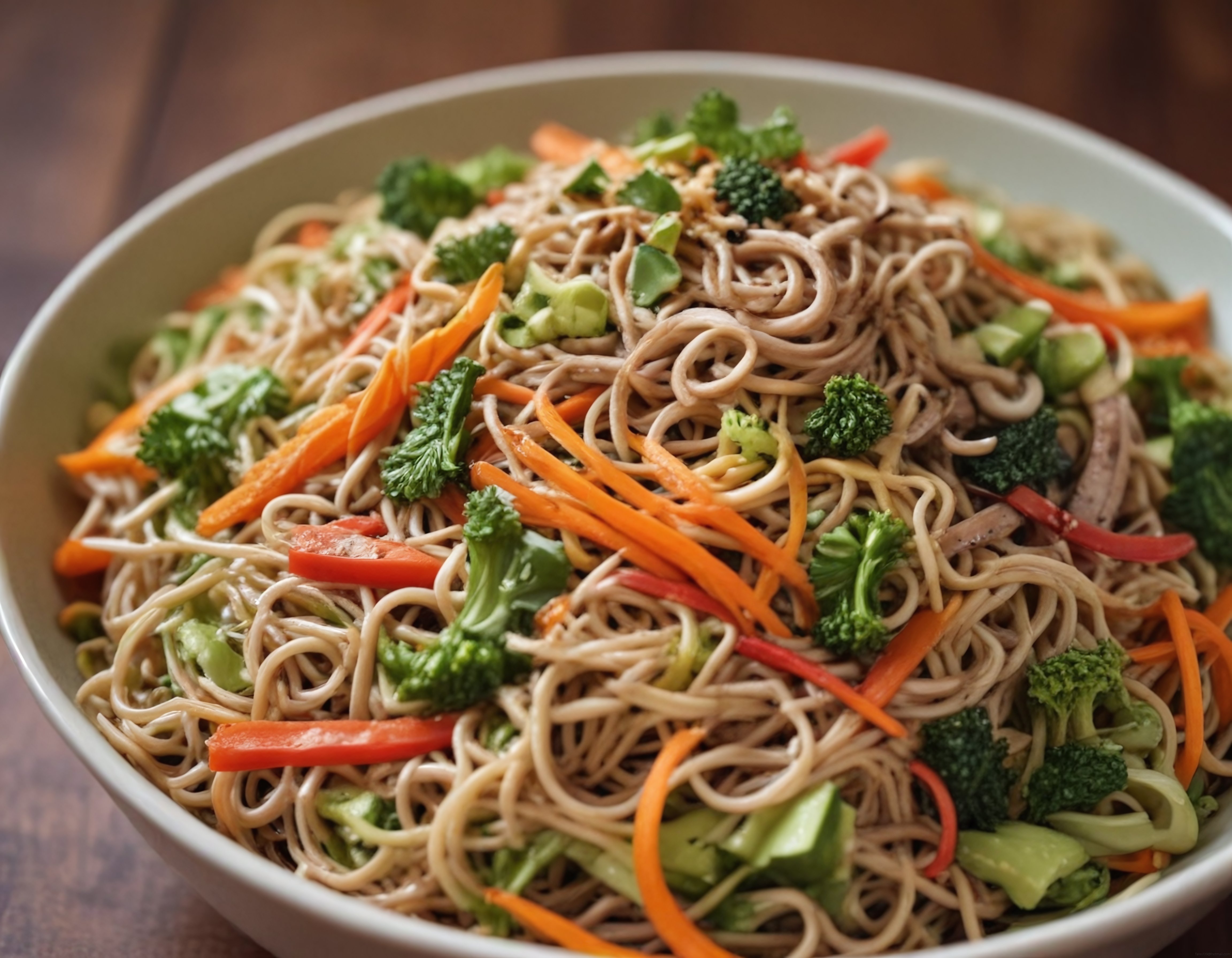 Taze sebzelerle hazırlanmış renkli ve besleyici doğu usulü noodle salatası