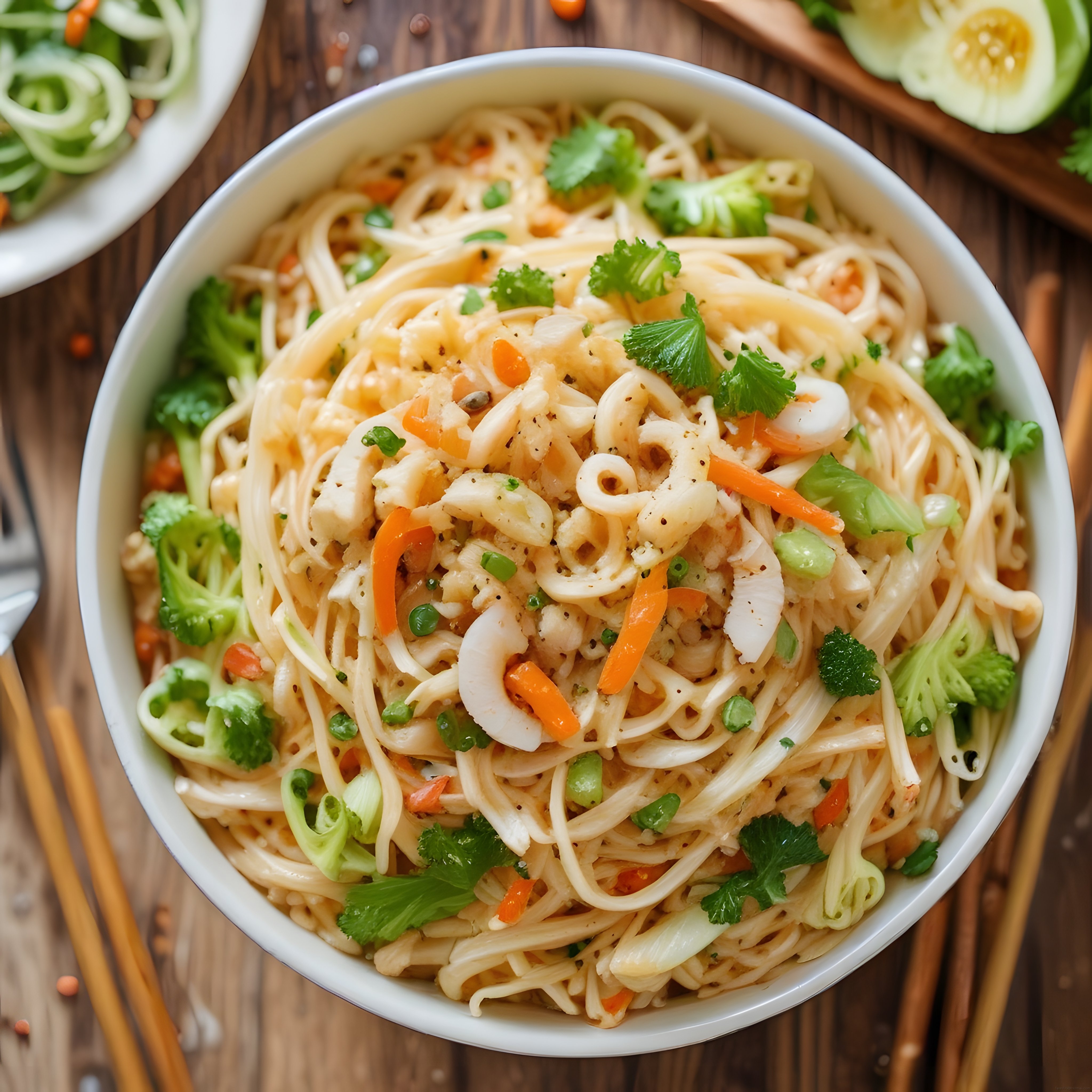 Taze Sebzelerle Süslenmiş Asya Usulü Sıcak Noodle Makarna Kasesi