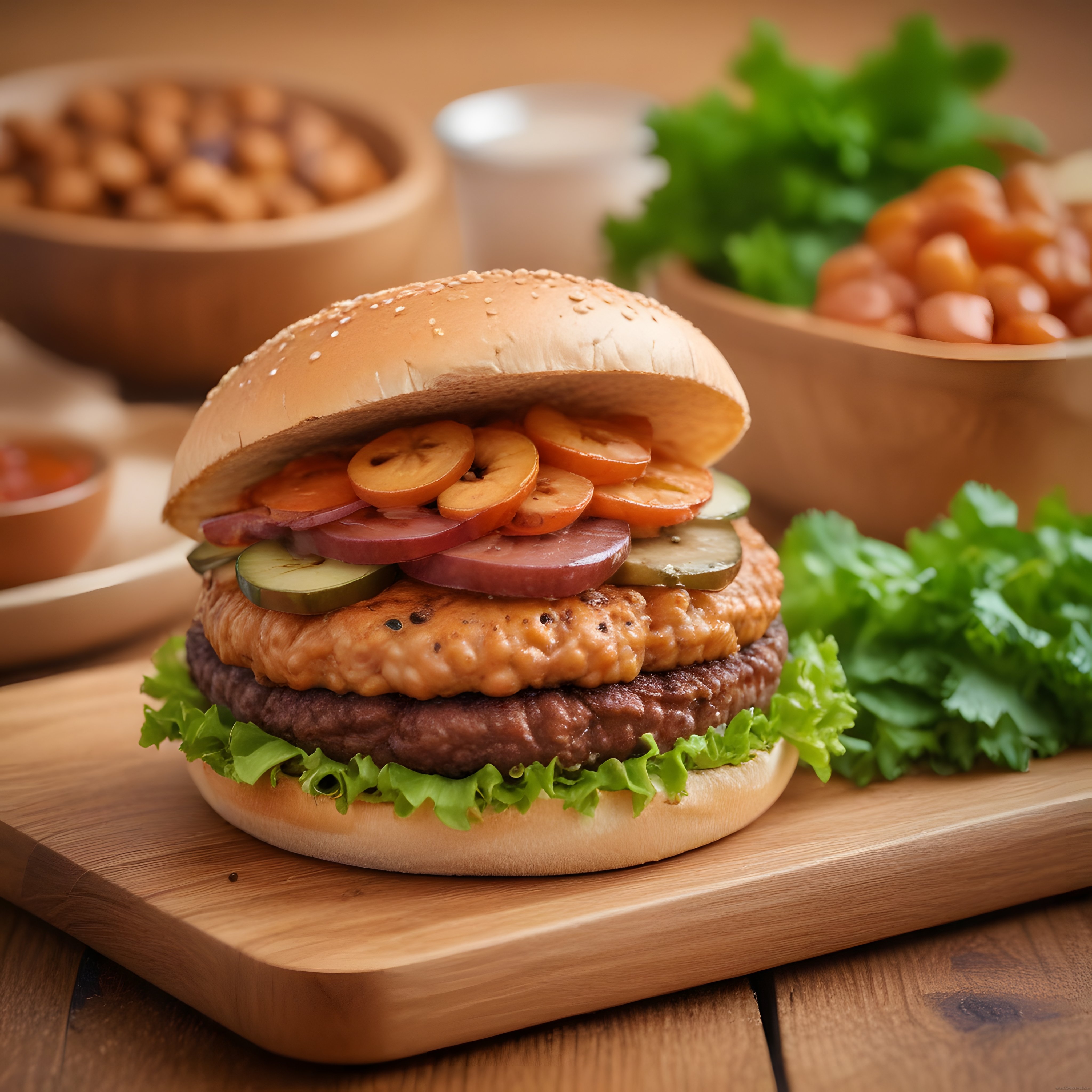 Taze Sebzelerle Süslenmiş Çift Katlı Gourmet Burger ve Yan Lezzetler