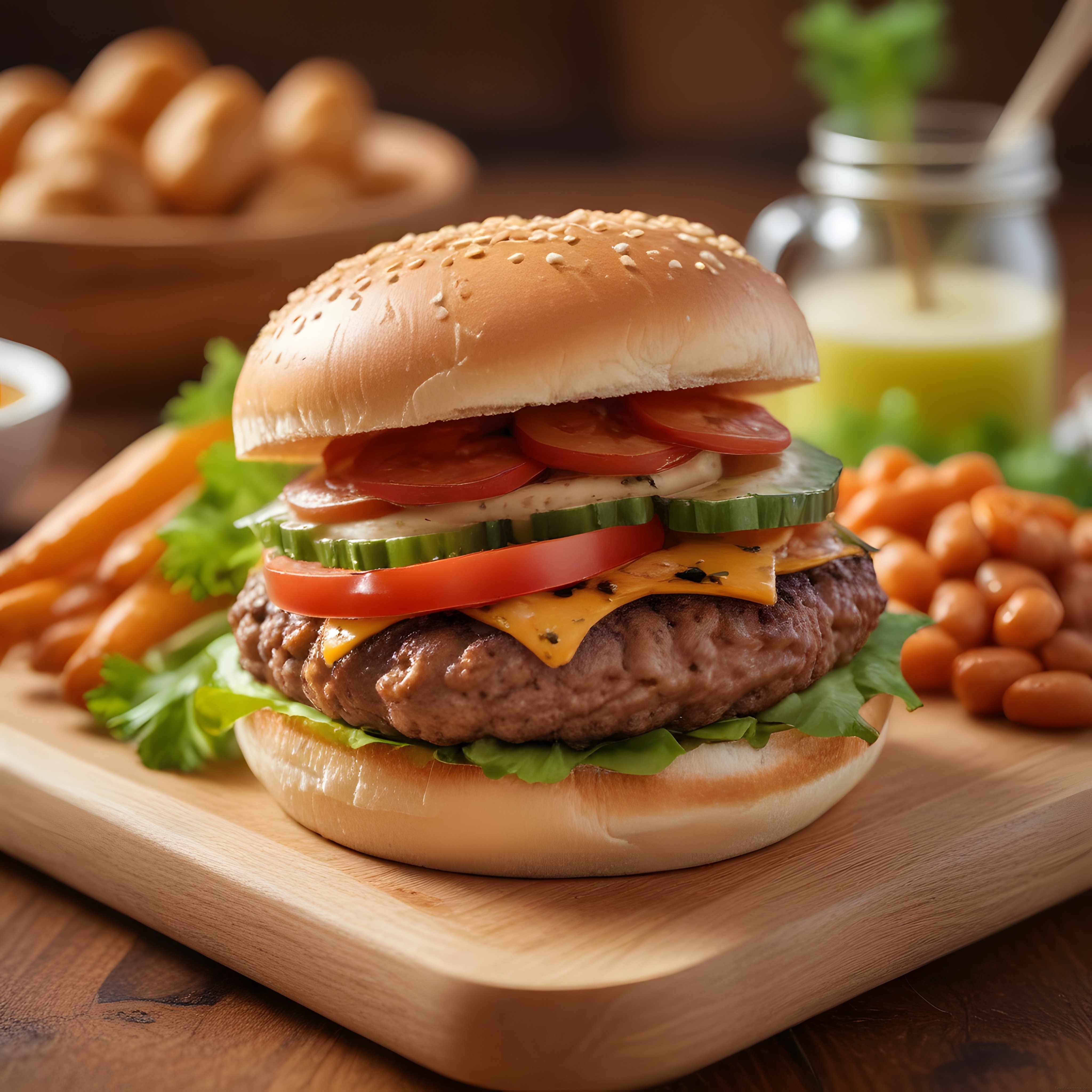 Taze Sebzelerle Süslenmiş Enfes Ev Yapımı Hamburger ve Yanında Çıtır Patates