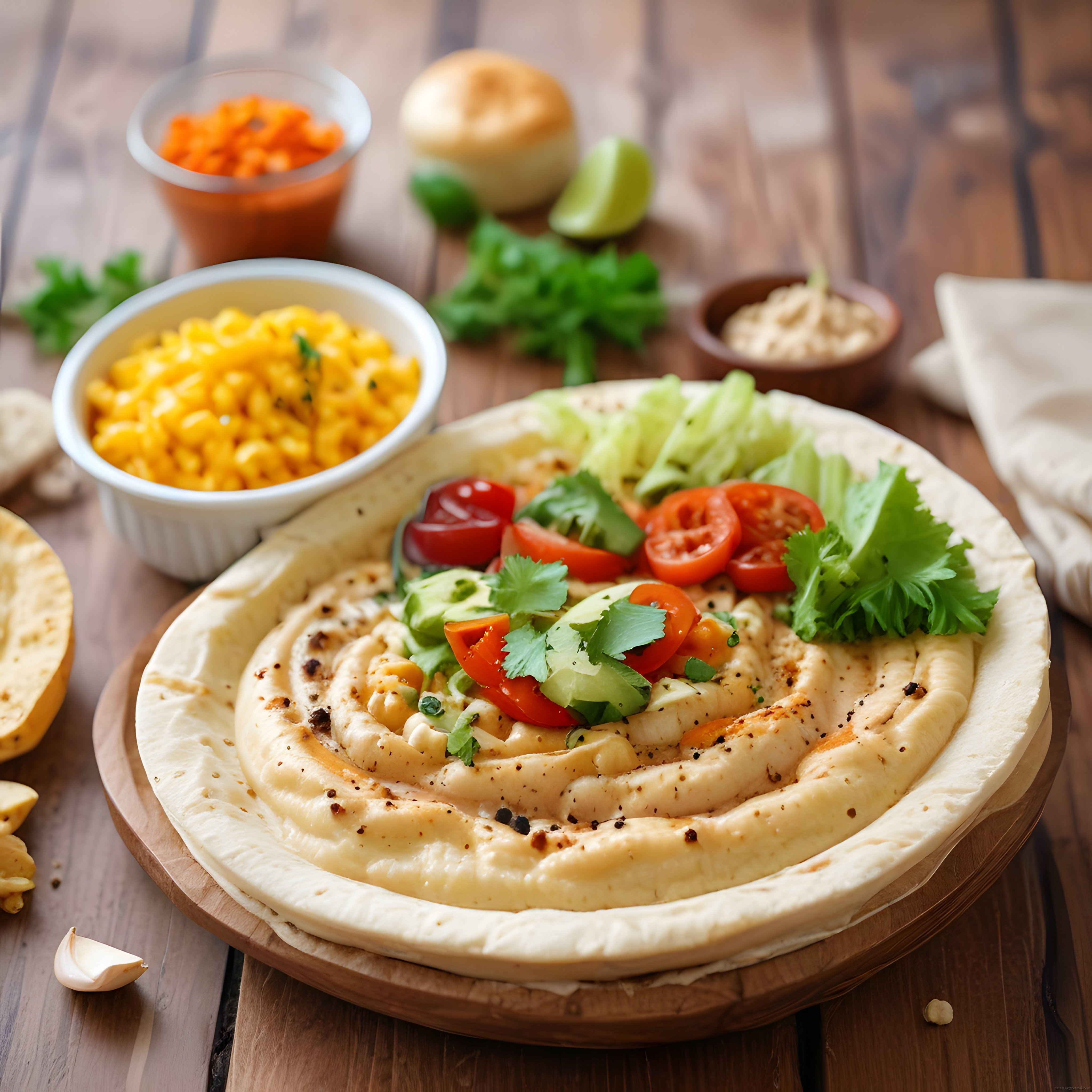 Taze Sebzelerle Süslenmiş Ev Yapımı Humus ve Yan Lezzetler Sunumu