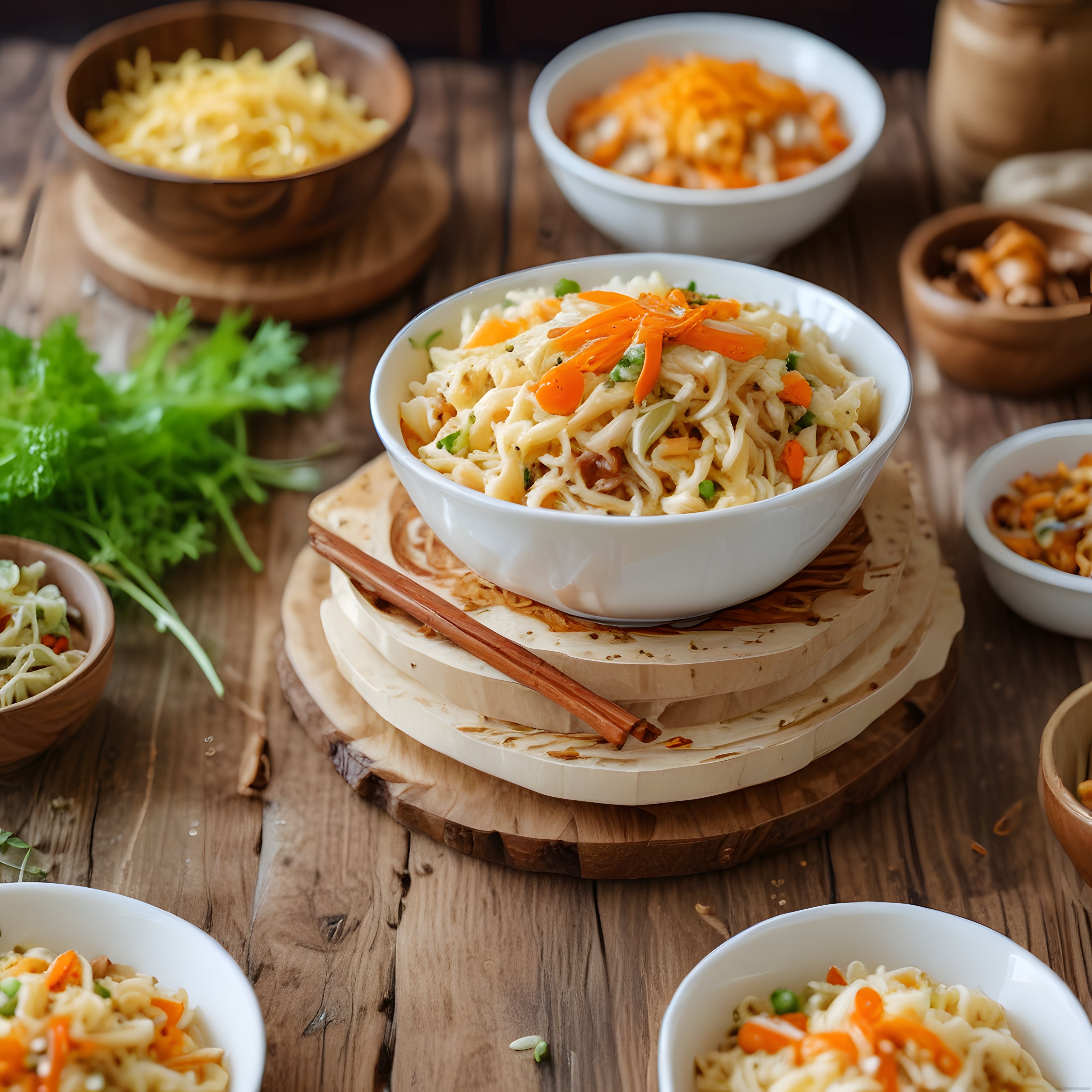 Taze Sebzelerle Süslenmiş Ev Yapımı Noodle Kasesi ve Ahşap Sunum