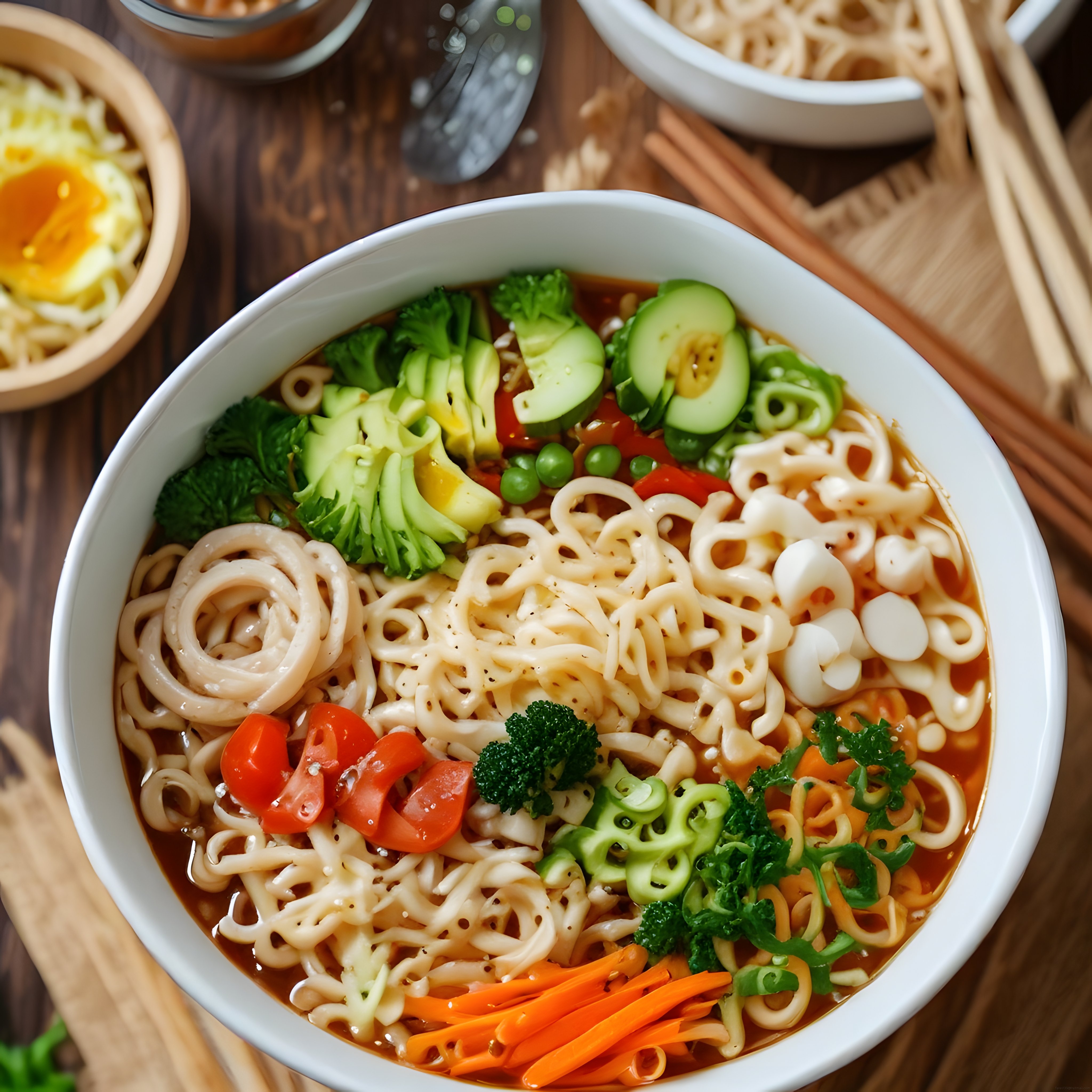Taze Sebzelerle Süslenmiş Göz Alıcı Asya Noodle Kasesi ve Lezzet Sunumu