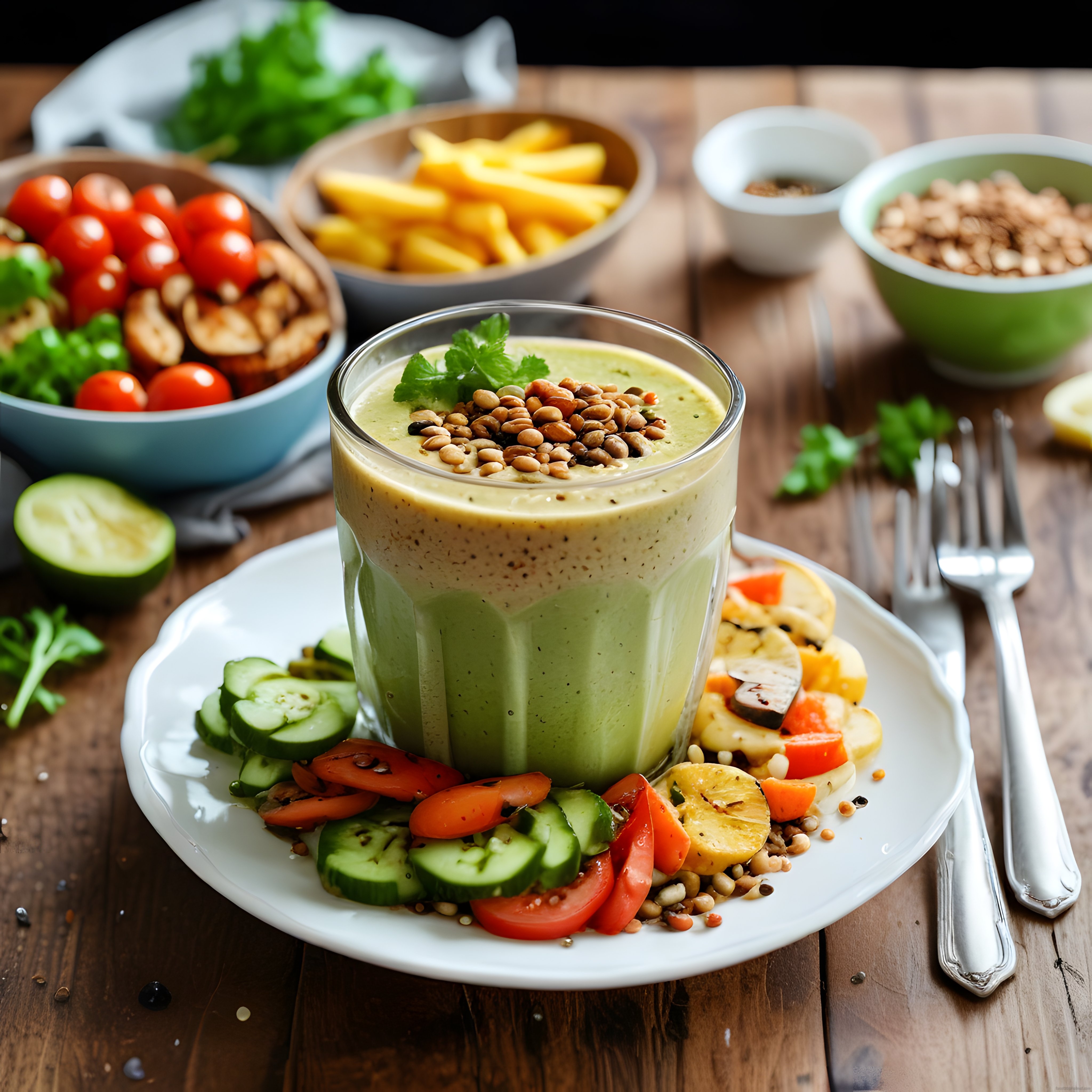 Taze Sebzelerle Süslenmiş Gurme Yeşil Smoothie ve Sağlıklı Beslenme Konsepti