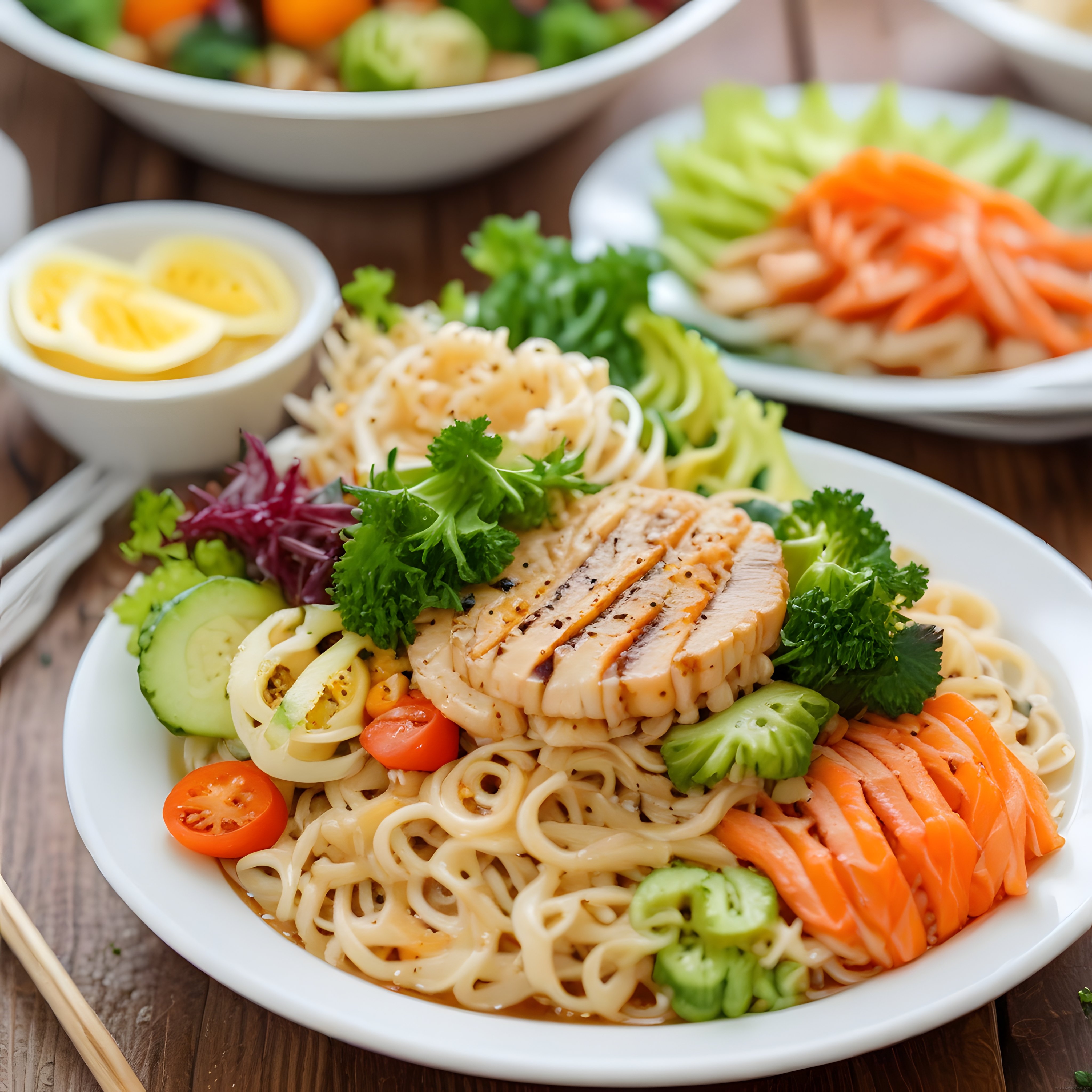 Taze Sebzelerle Süslenmiş Izgara Tavuklu Noodle Bowl ve Haşlanmış Yumurta